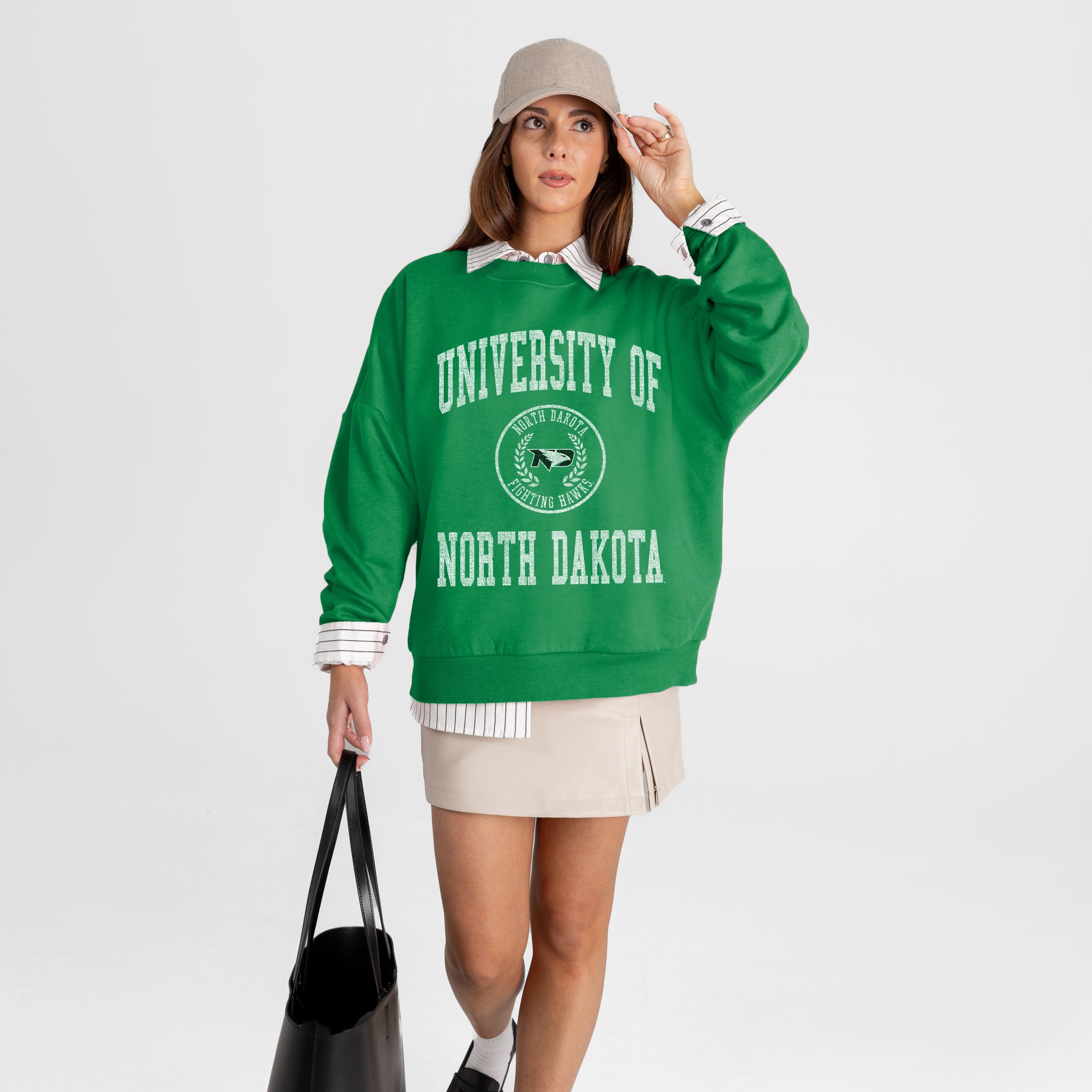 NORTH DAKOTA FIGHTING HAWKS PRIME PLAY PREMIUM FLEECE DROP SHOULDER CREWNECK PULLOVER