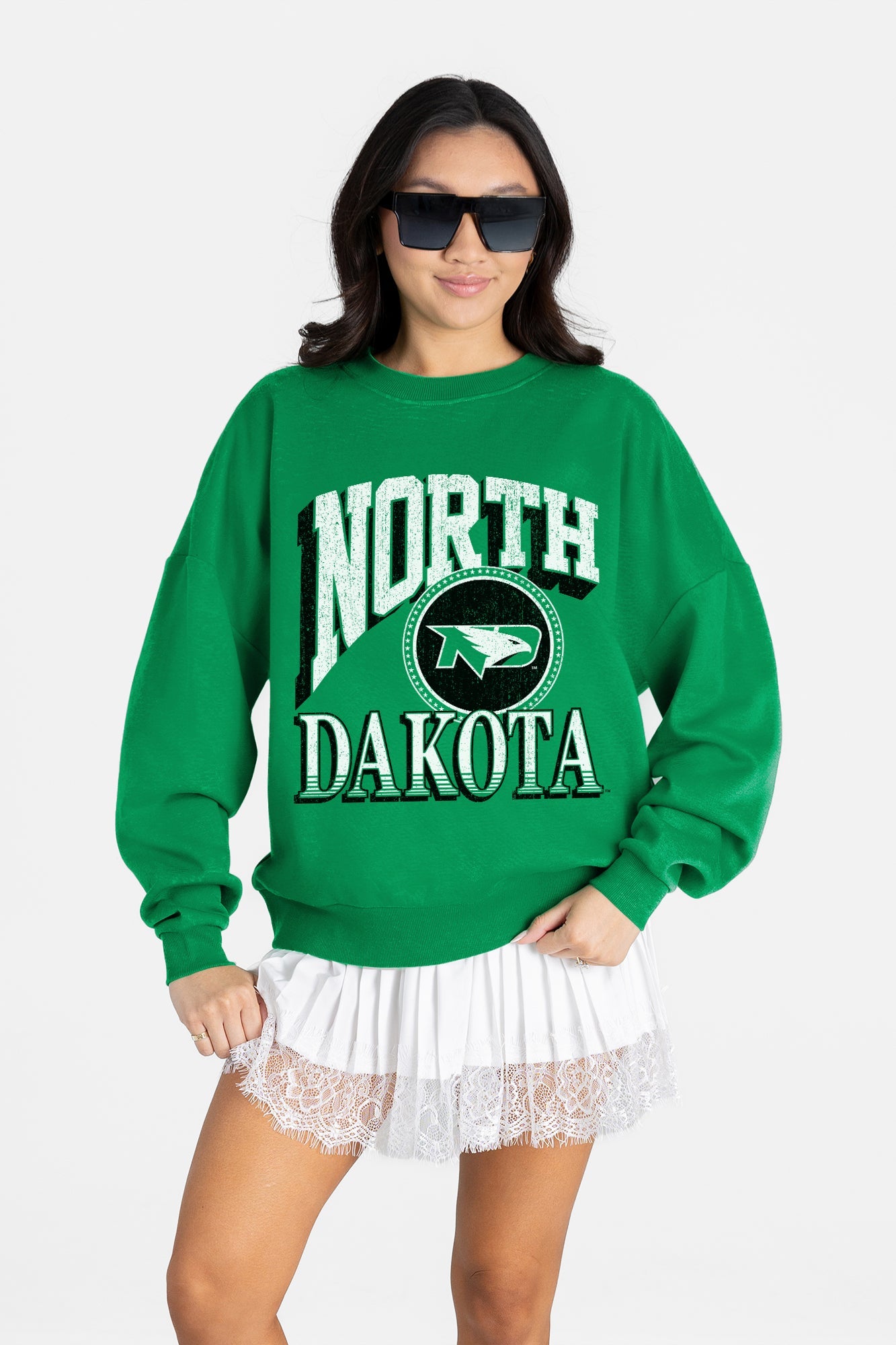NORTH DAKOTA FIGHTING HAWKS MAIN CHARACTER PREMIUM FLEECE DROP SHOULDER CREWNECK PULLOVER