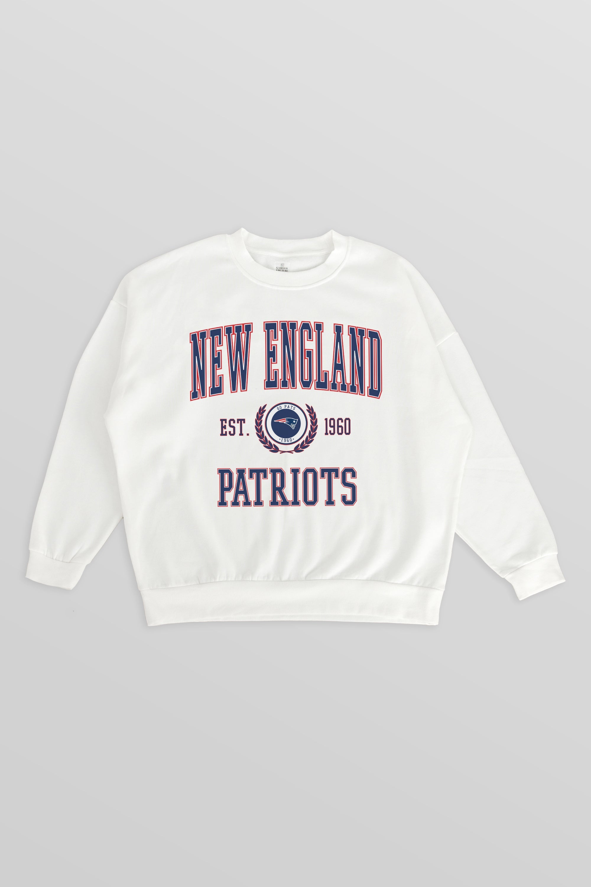 NEW ENGLAND PATRIOTS TIMELESS TRIUMPH PREMIUM FLEECE DROP SHOULDER CREWNECK PULLOVER