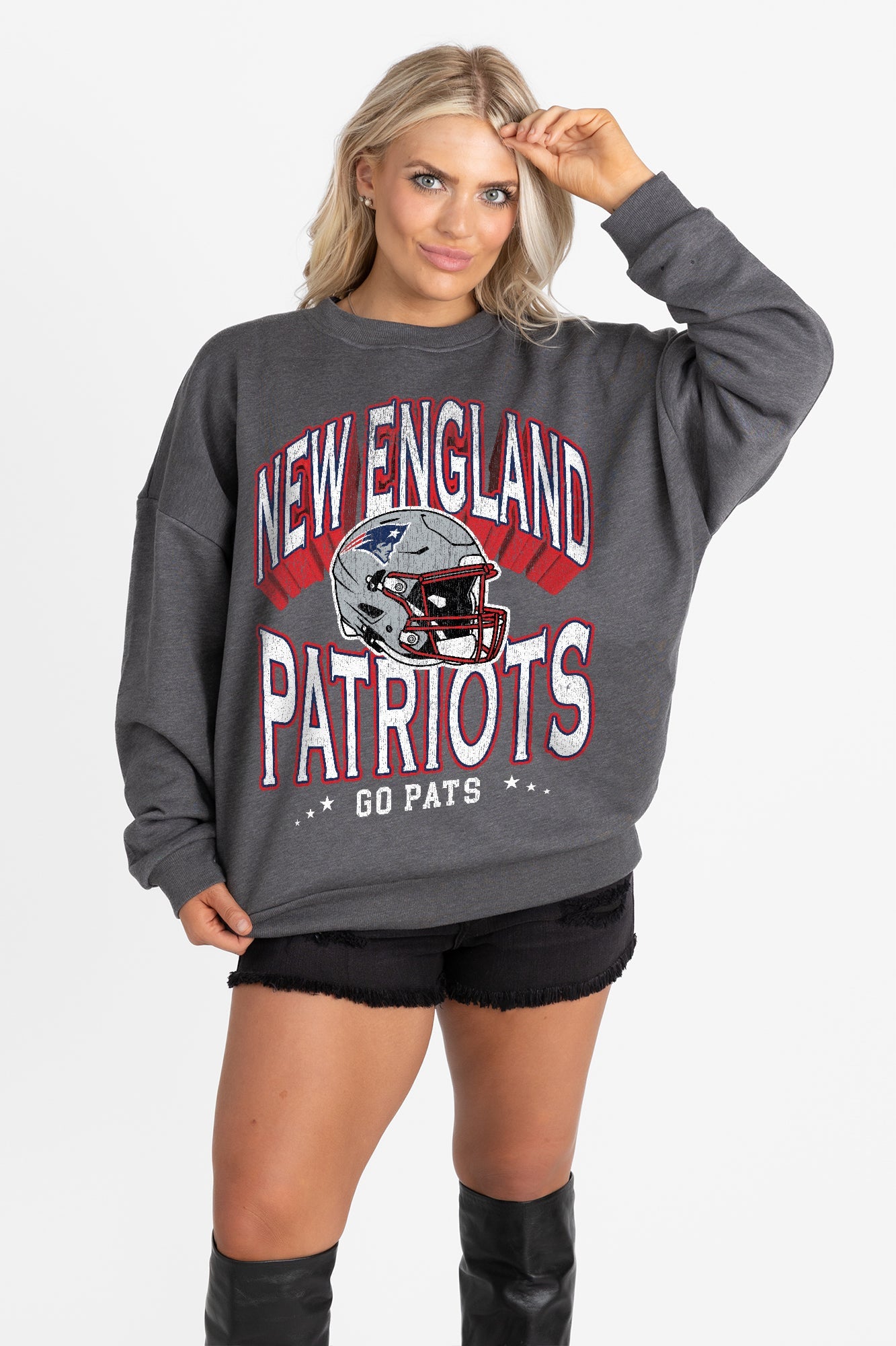 NEW ENGLAND PATRIOTS STAY COOL PREMIUM FLEECE CREWNECK PULLOVER BY RANDI MAHOMES