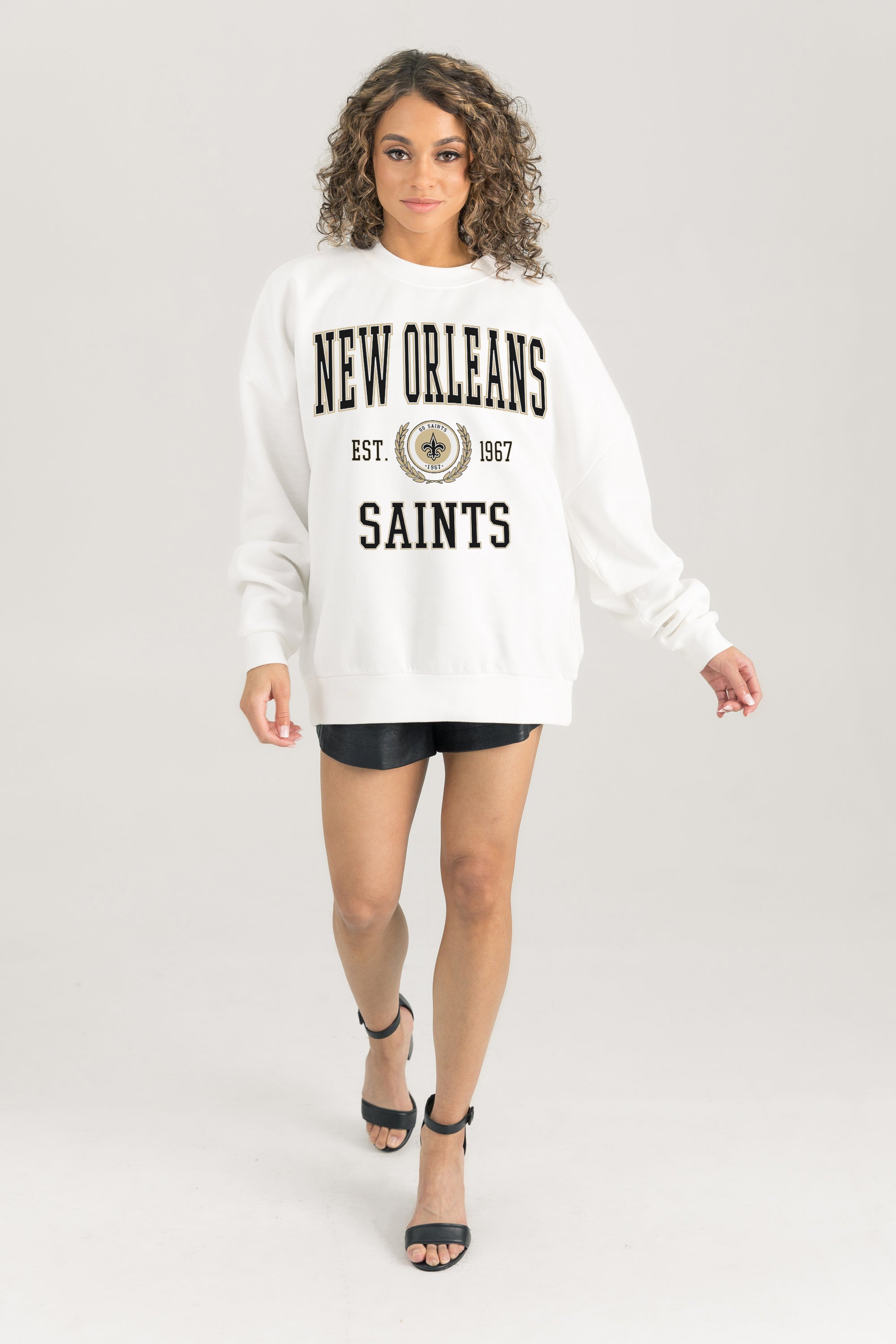 NEW ORLEANS SAINTS TIMELESS TRIUMPH PREMIUM FLEECE DROP SHOULDER CREWNECK PULLOVER