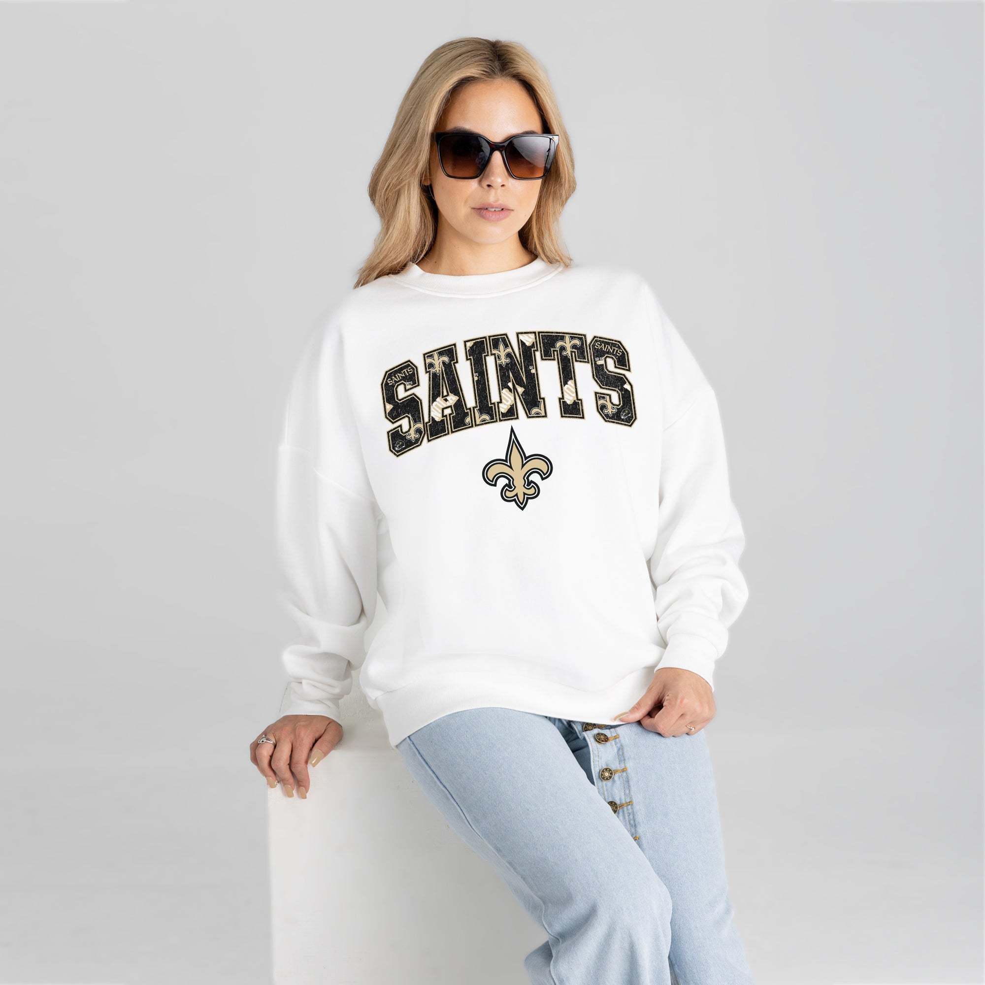 NEW ORLEANS SAINTS SWEET PLAY PREMIUM FLEECE DROP SHOULDER CREWNECK PULLOVER