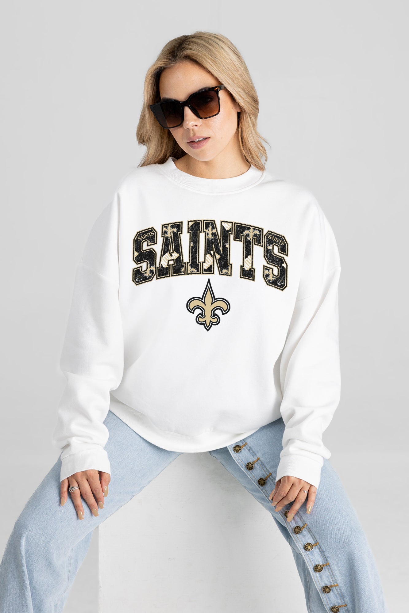 NEW ORLEANS SAINTS SWEET PLAY PREMIUM FLEECE DROP SHOULDER CREWNECK PULLOVER