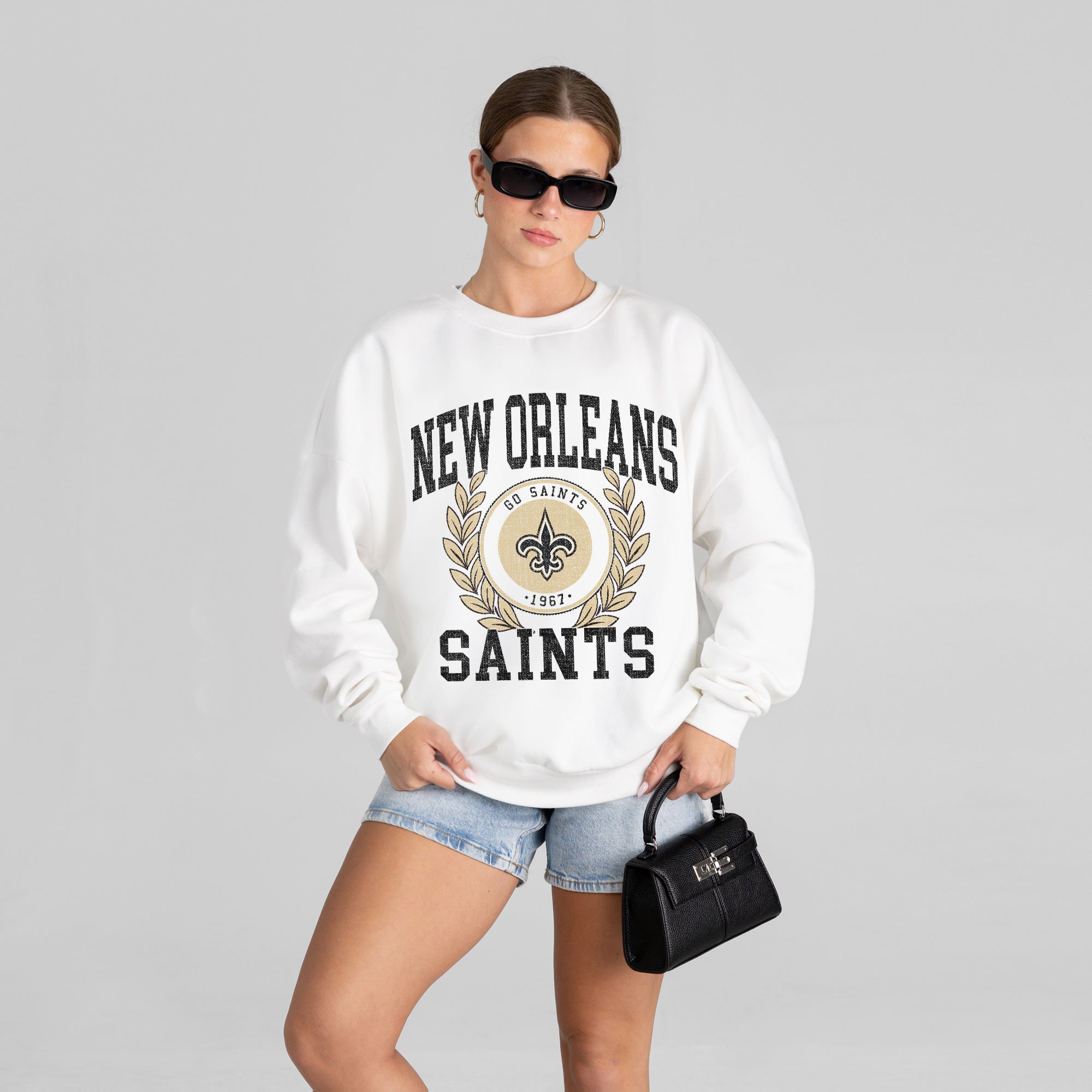NEW ORLEANS SAINTS GOLD STANDARD PREMIUM FLEECE DROP SHOULDER CREWNECK PULLOVER