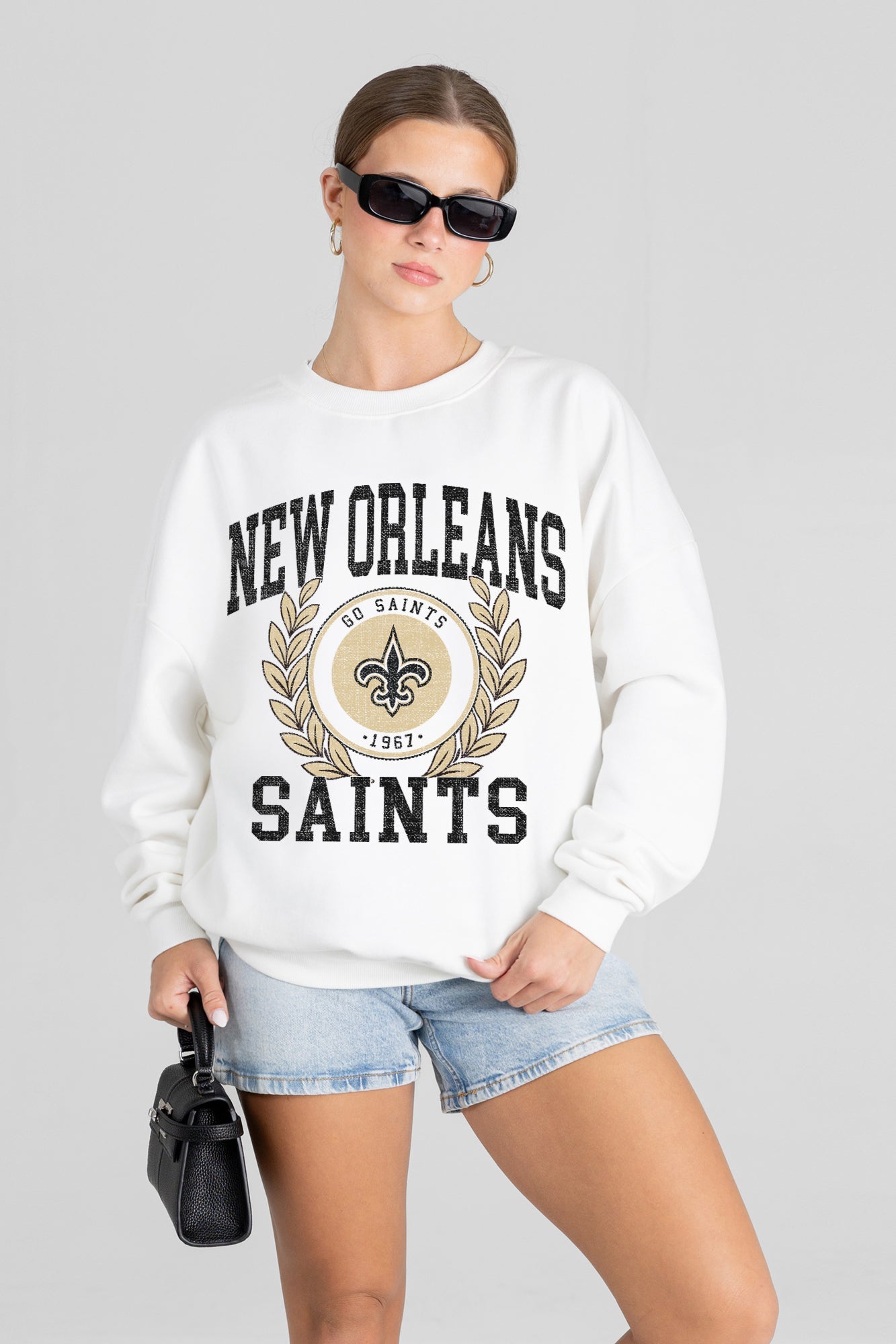 NEW ORLEANS SAINTS GOLD STANDARD PREMIUM FLEECE DROP SHOULDER CREWNECK PULLOVER