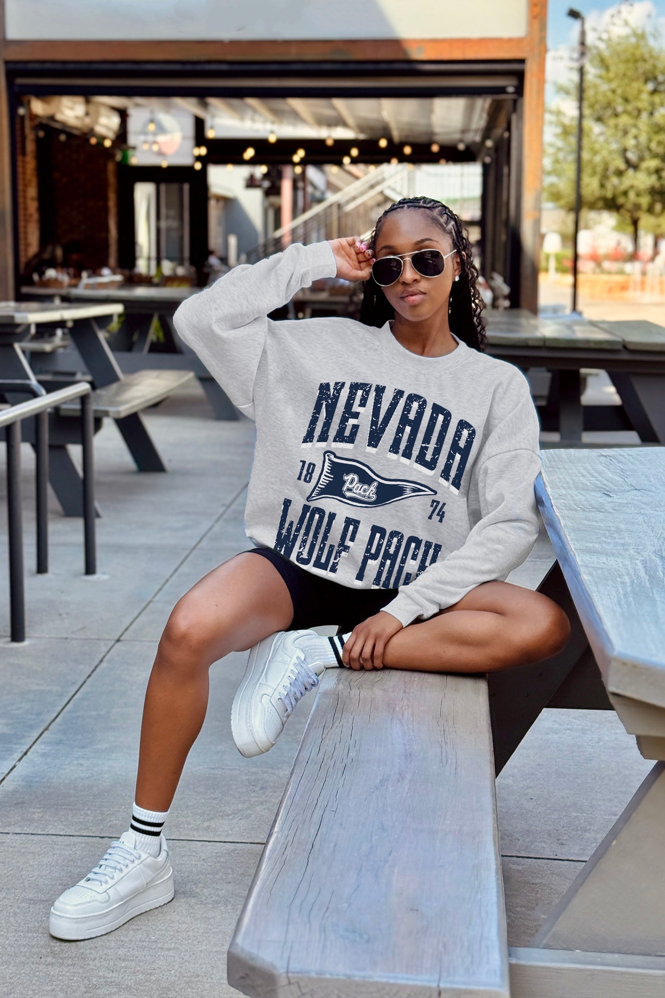 NEVADA WOLF PACK PENNANT PRIDE PREMIUM FLEECE DROP SHOULDER CREWNECK PULLOVER