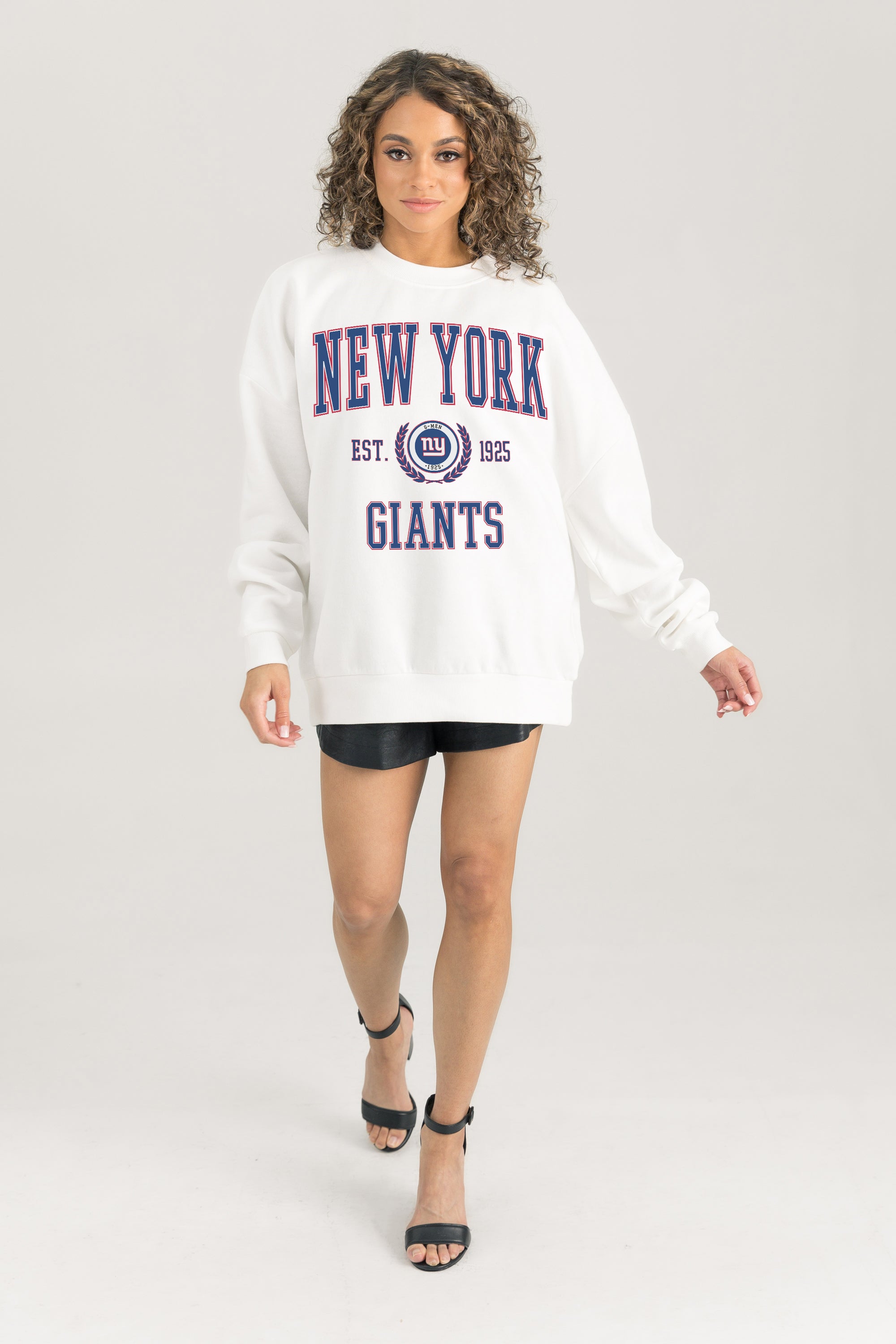 NEW YORK GIANTS TIMELESS TRIUMPH PREMIUM FLEECE DROP SHOULDER CREWNECK PULLOVER