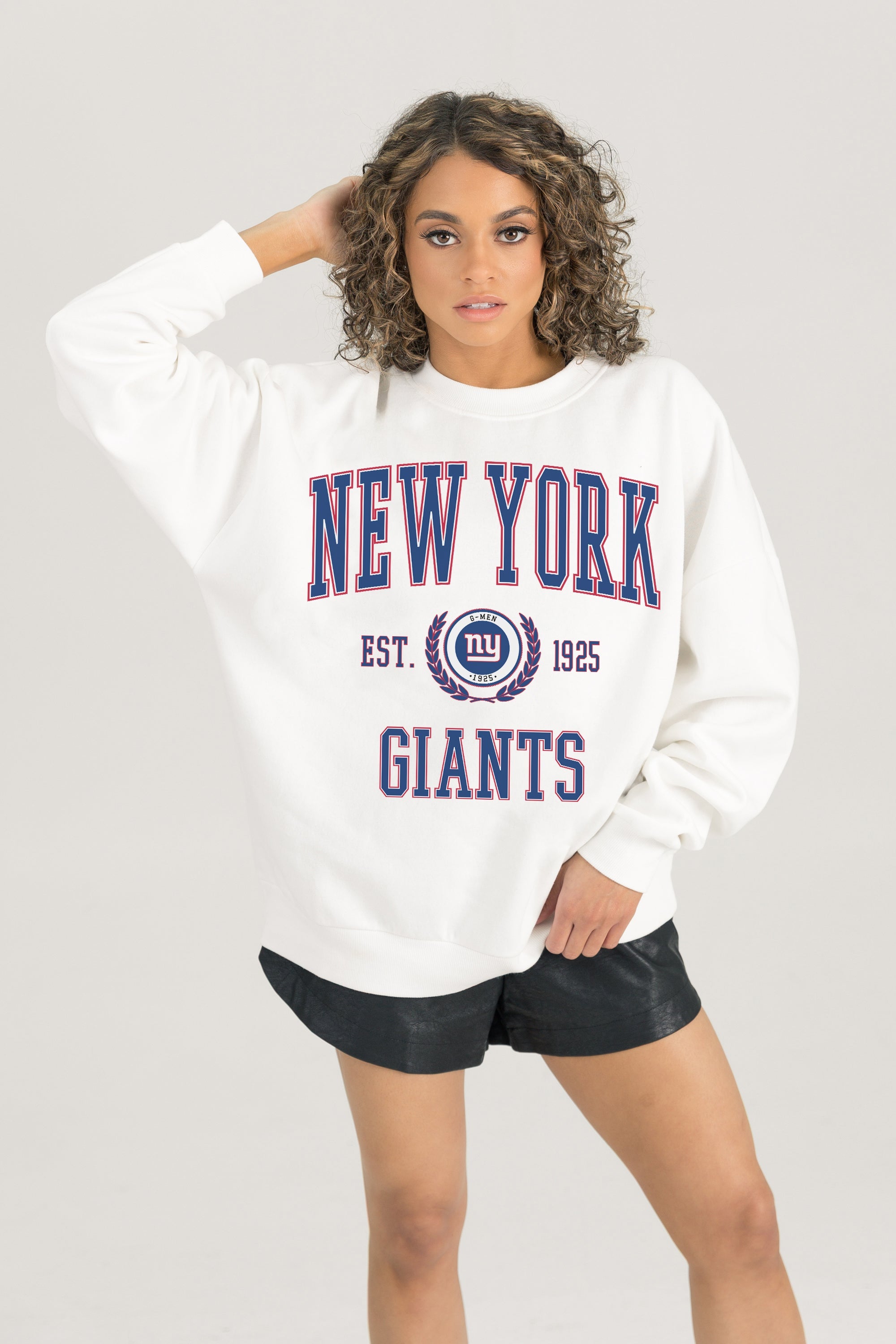 NEW YORK GIANTS TIMELESS TRIUMPH PREMIUM FLEECE DROP SHOULDER CREWNECK PULLOVER