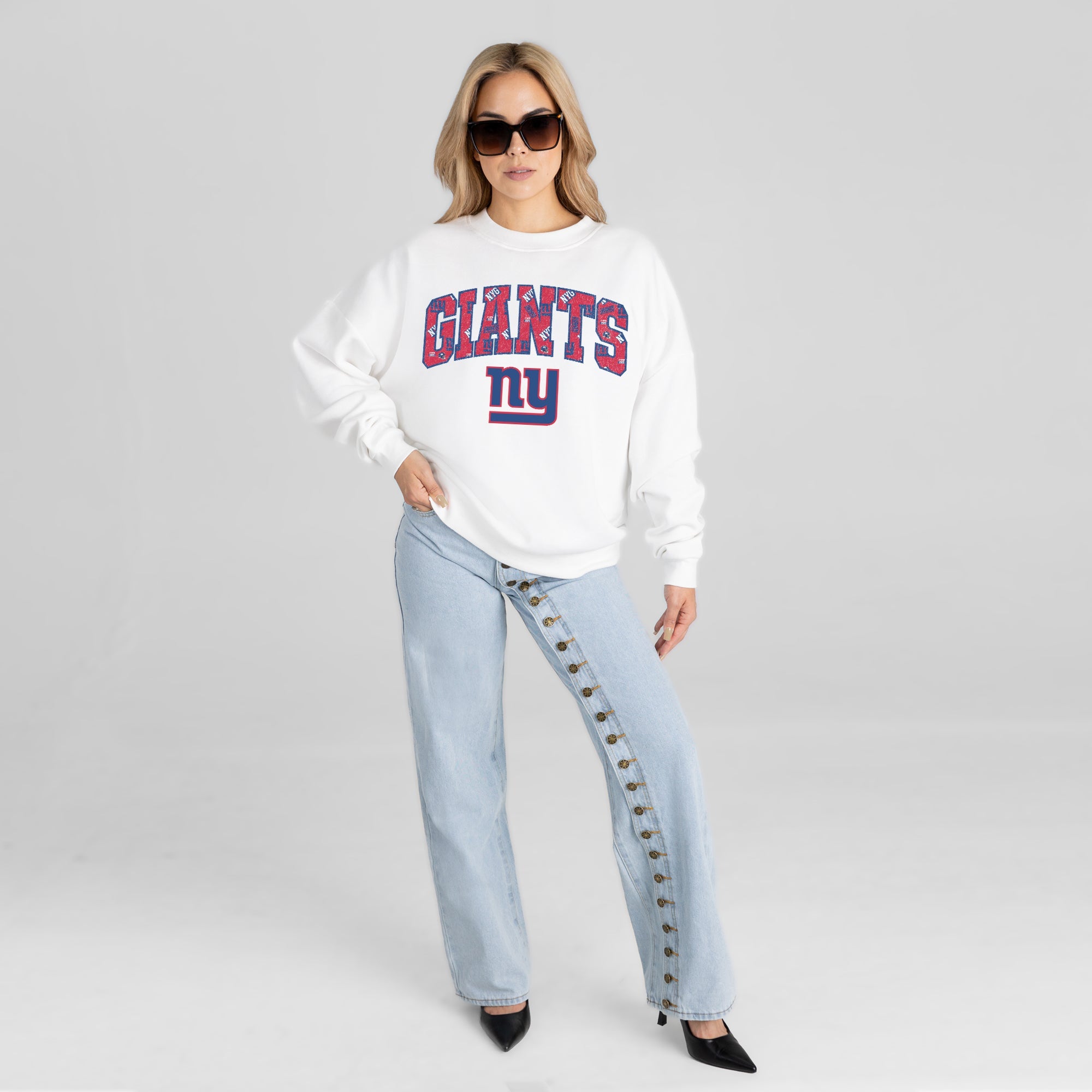 NEW YORK GIANTS SWEET PLAY PREMIUM FLEECE DROP SHOULDER CREWNECK PULLOVER