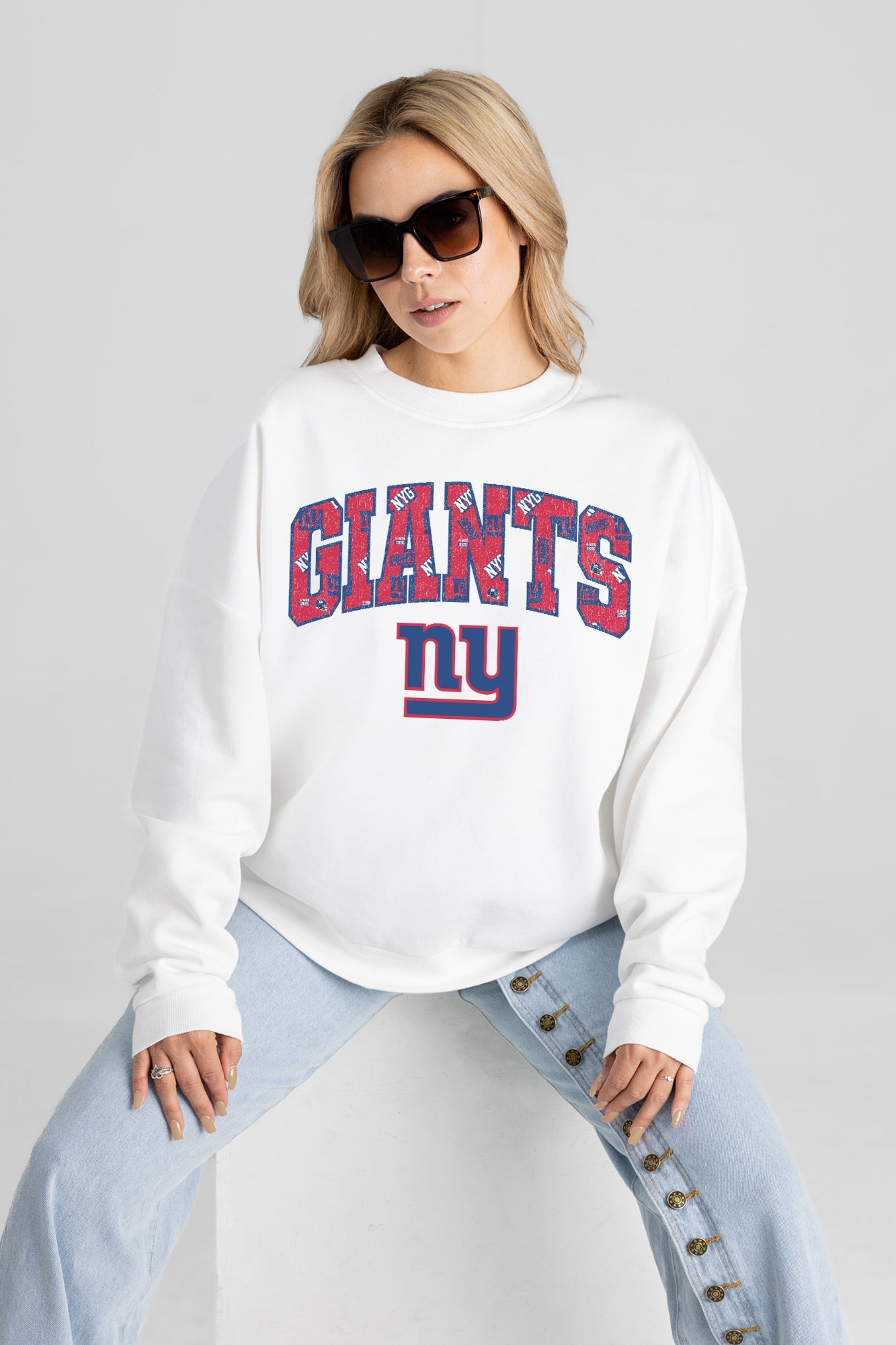 NEW YORK GIANTS SWEET PLAY PREMIUM FLEECE DROP SHOULDER CREWNECK PULLOVER