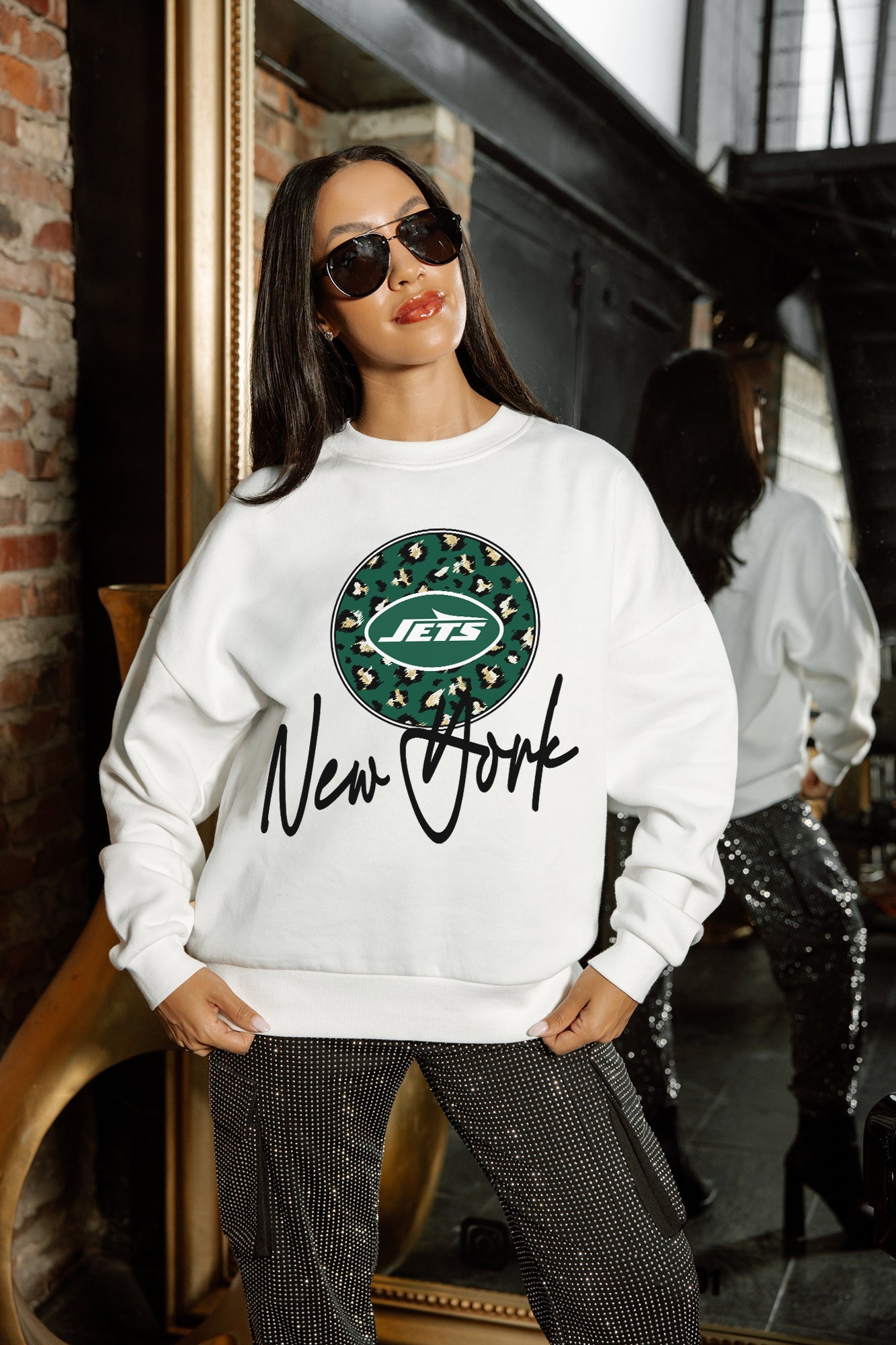 NEW YORK JETS WILD BREAKTHROUGH PREMIUM FLEECE CREWNECK PULLOVER