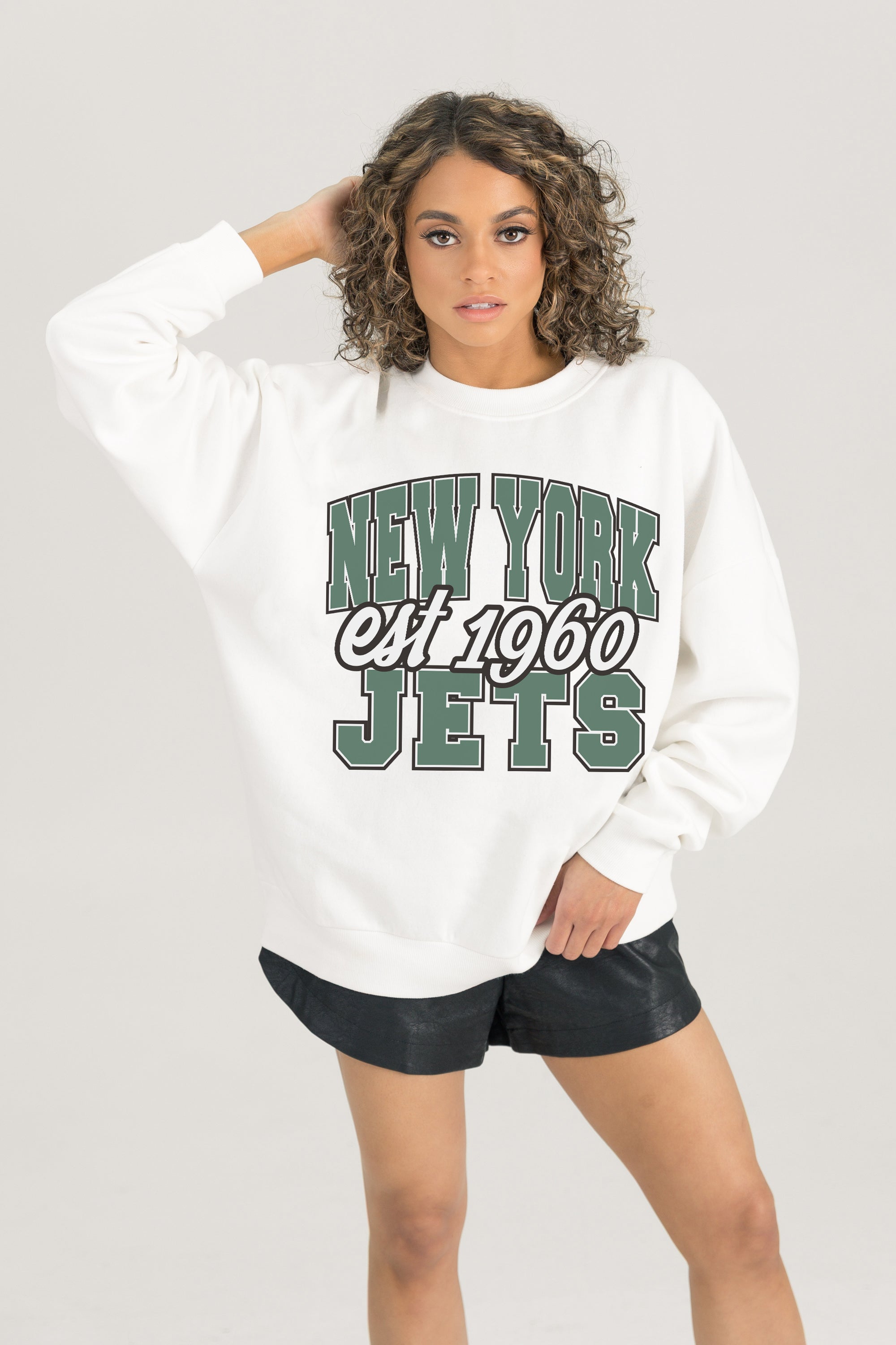 NEW YORK JETS FADED FORMATION PREMIUM FLEECE CREWNECK PULLOVER