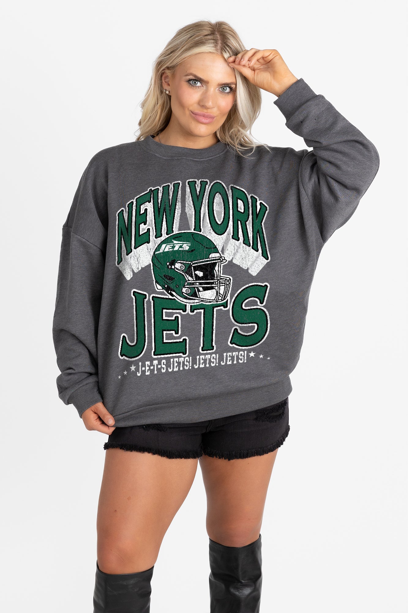 NEW YORK JETS STAY COOL PREMIUM FLEECE CREWNECK PULLOVER BY RANDI MAHOMES