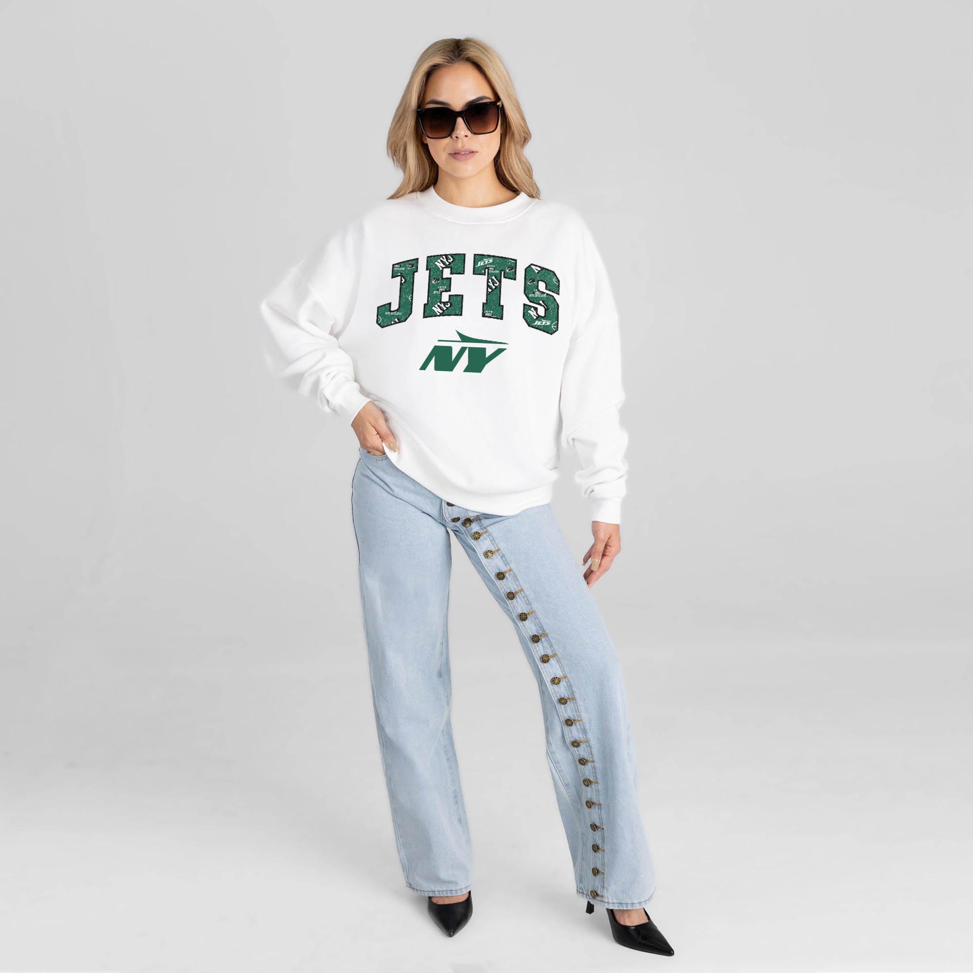 NEW YORK JETS SWEET PLAY PREMIUM FLEECE DROP SHOULDER CREWNECK PULLOVER