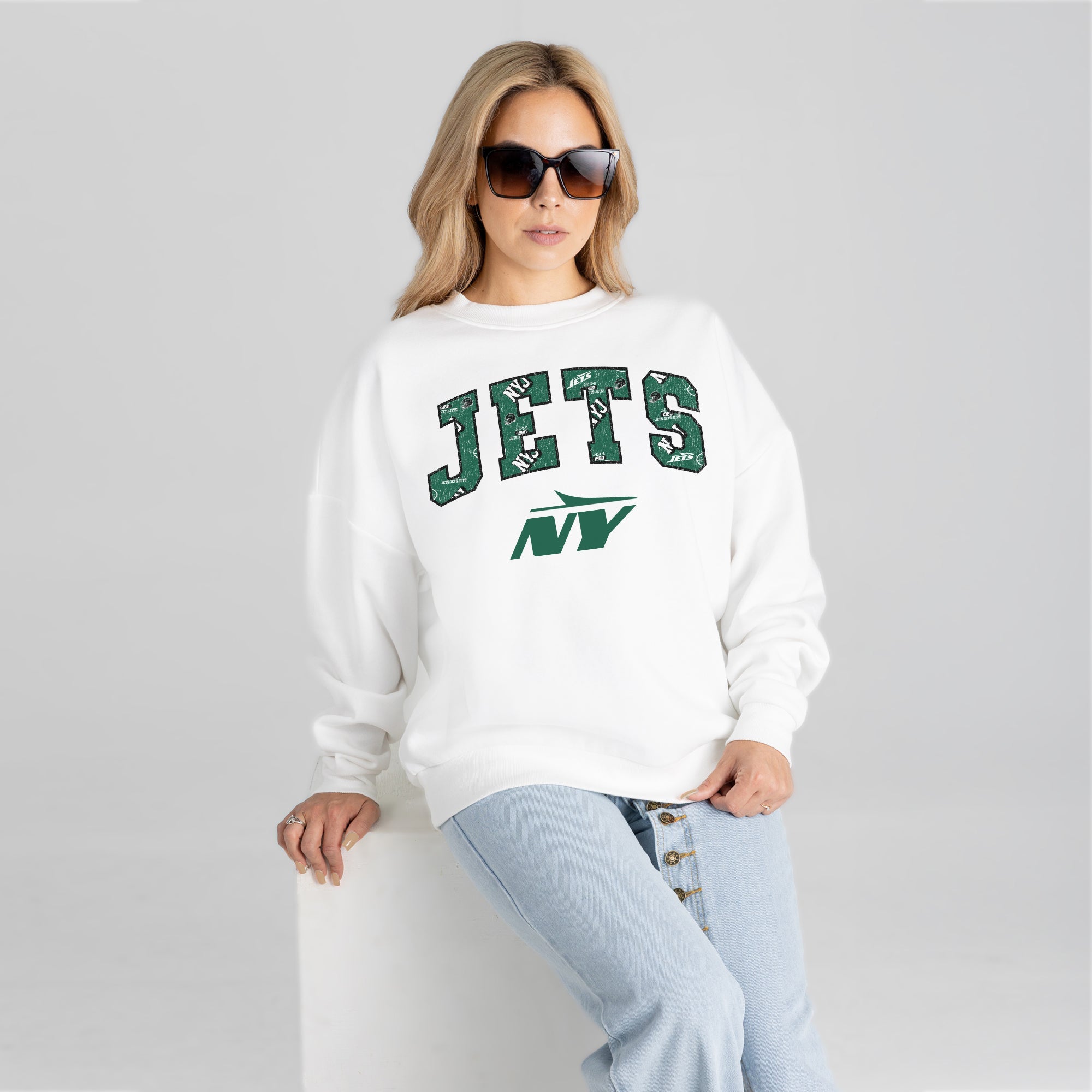 NEW YORK JETS SWEET PLAY PREMIUM FLEECE DROP SHOULDER CREWNECK PULLOVER