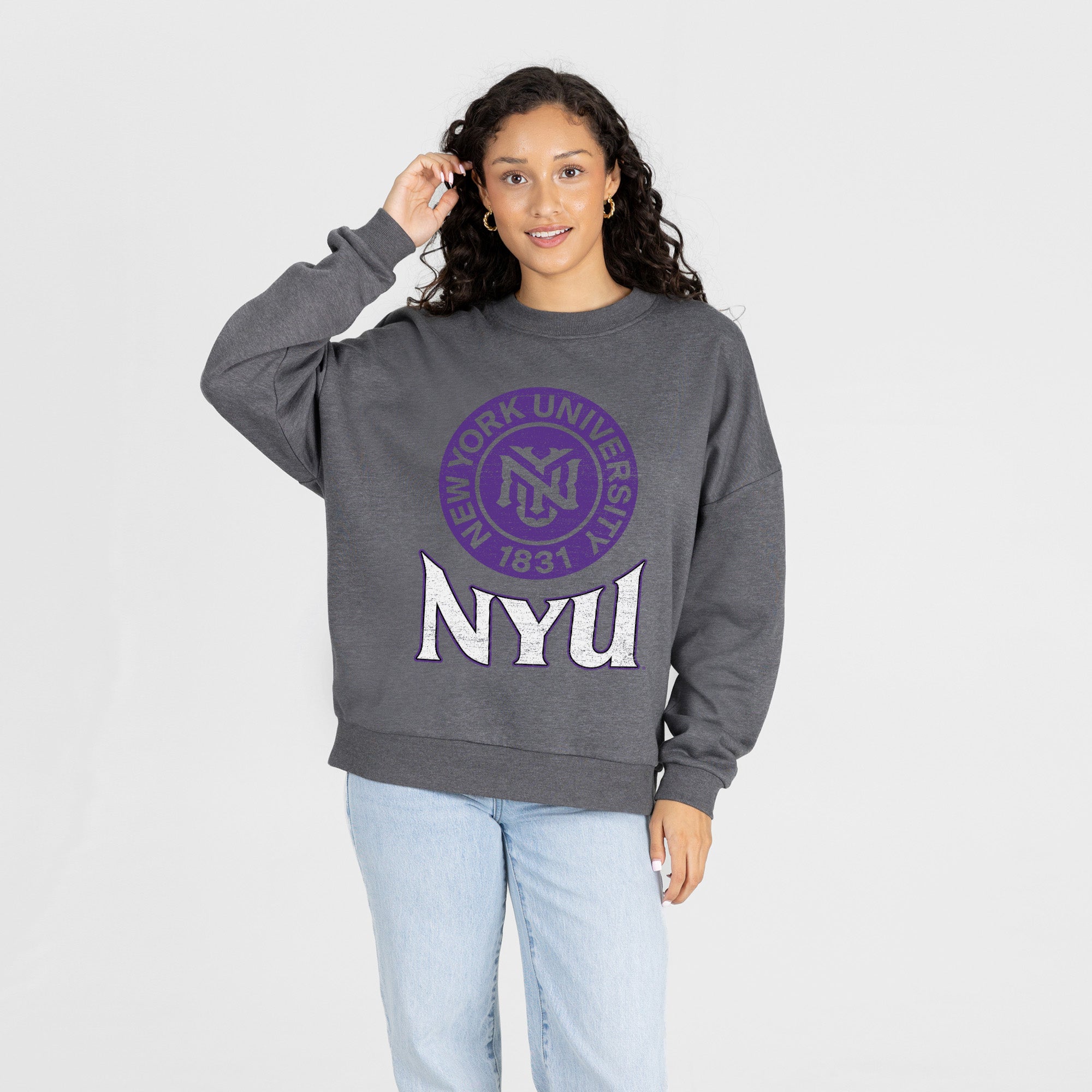 NEW YORK UNIVERSITY VIOLETS SATURDAY SEAL PREMIUM FLEECE DROP SHOULDER CREWNECK PULLOVER