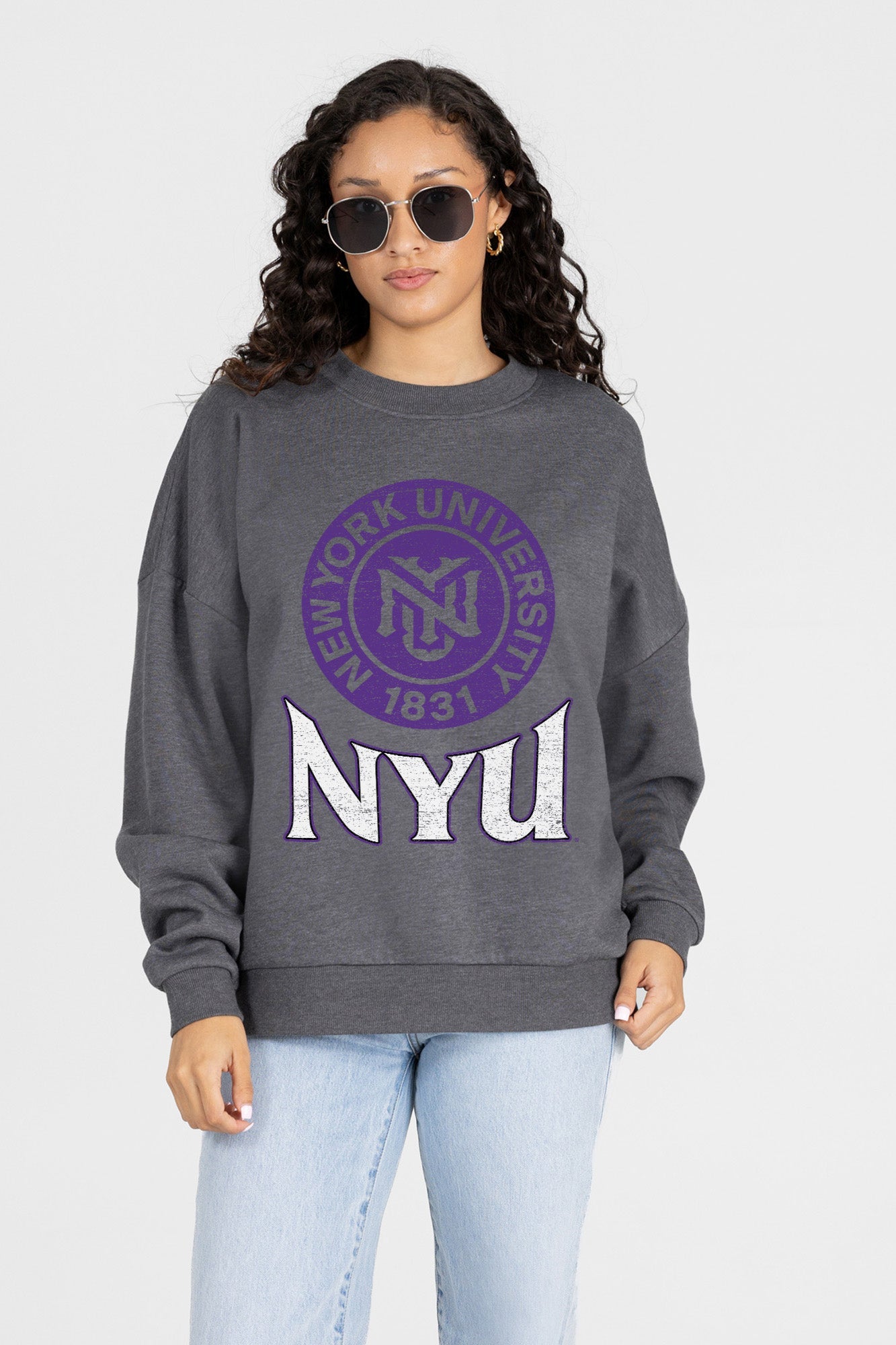 NEW YORK UNIVERSITY VIOLETS SATURDAY SEAL PREMIUM FLEECE DROP SHOULDER CREWNECK PULLOVER
