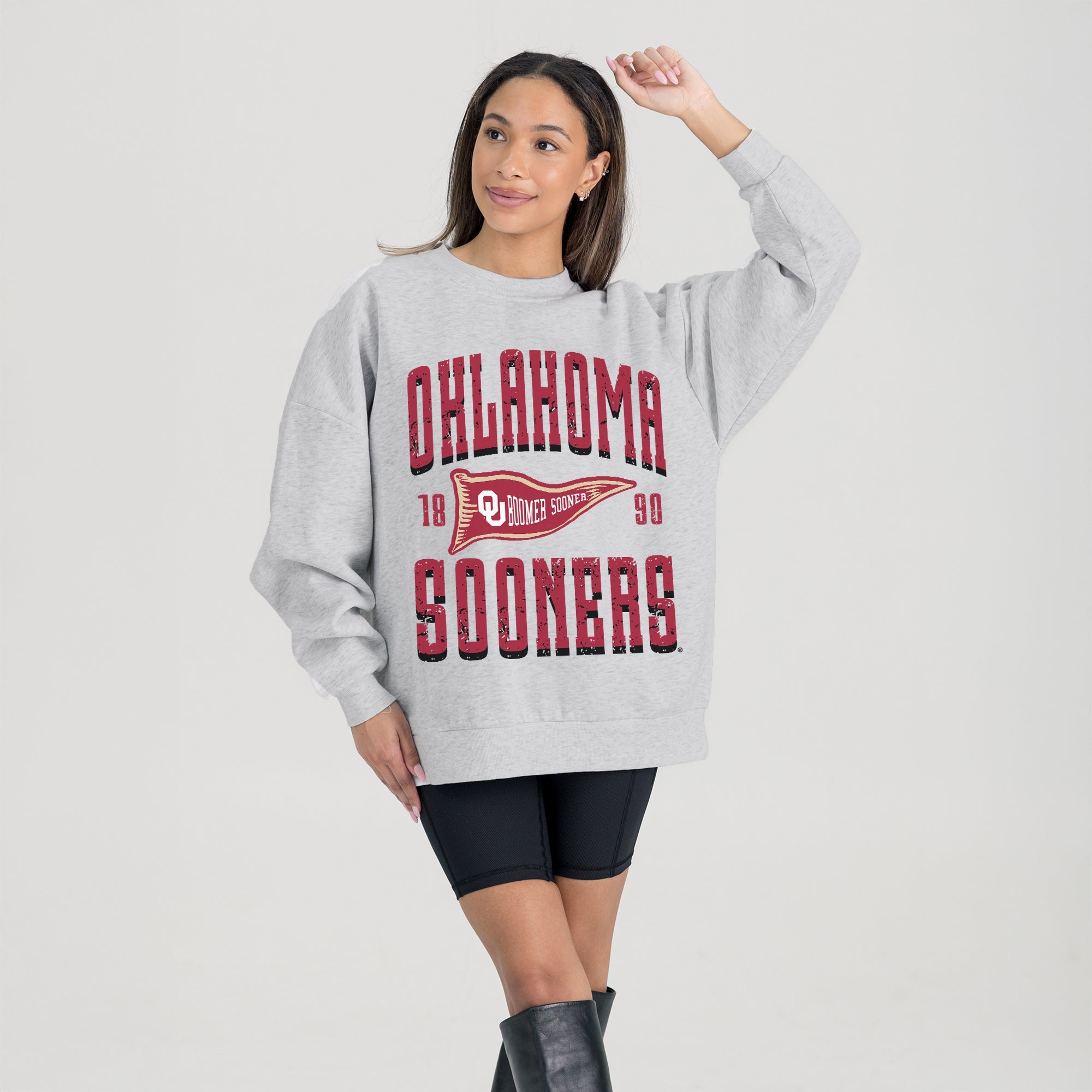 OKLAHOMA SOONERS PENNANT PRIDE PREMIUM FLEECE DROP SHOULDER CREWNECK PULLOVER
