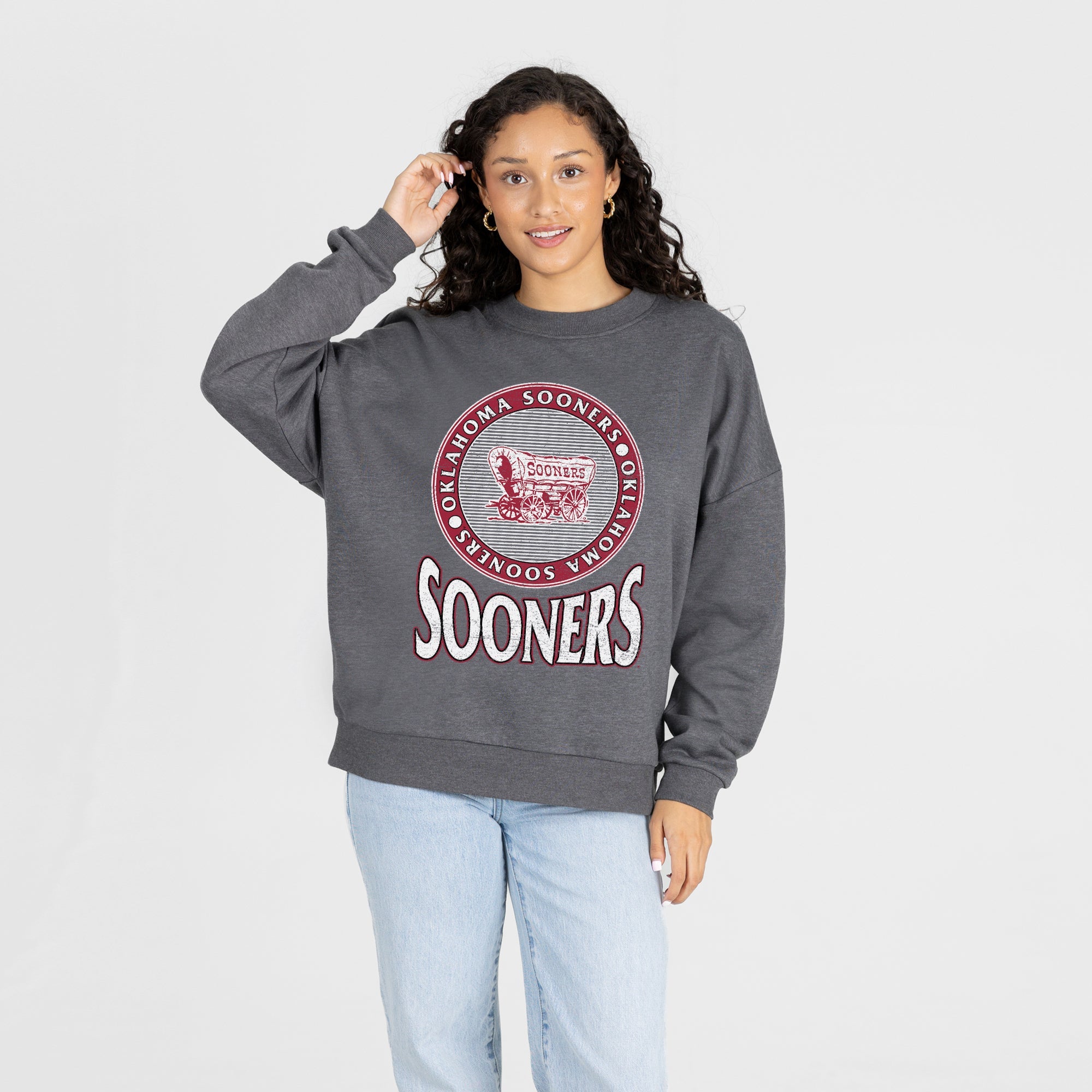 OKLAHOMA SOONERS SATURDAY SEAL PREMIUM FLEECE DROP SHOULDER CREWNECK PULLOVER