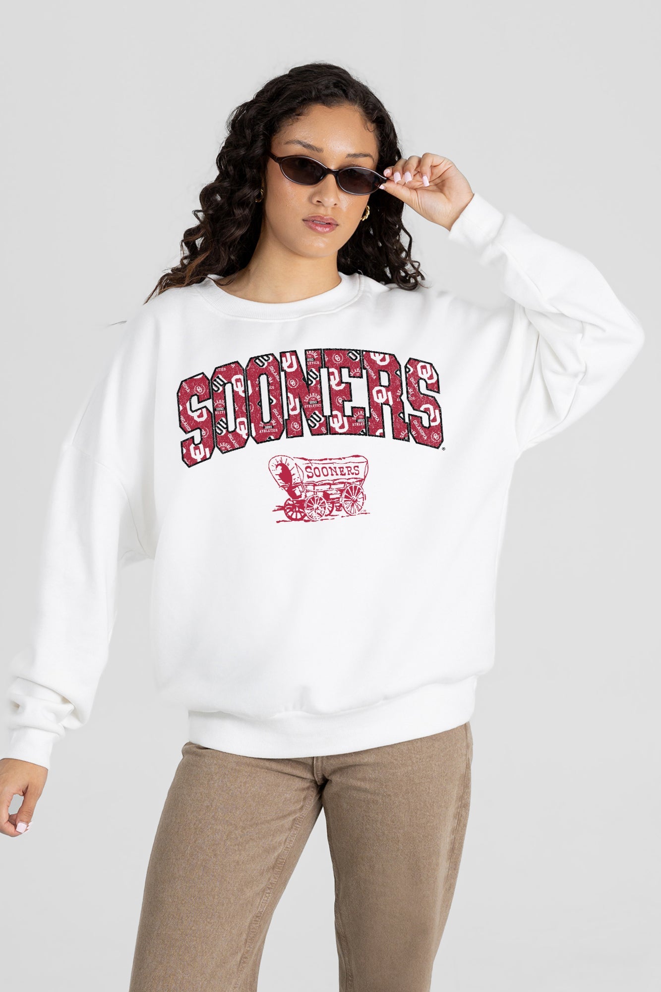OKLAHOMA SOONERS SWEET PLAY PREMIUM FLEECE DROP SHOULDER CREWNECK PULLOVER