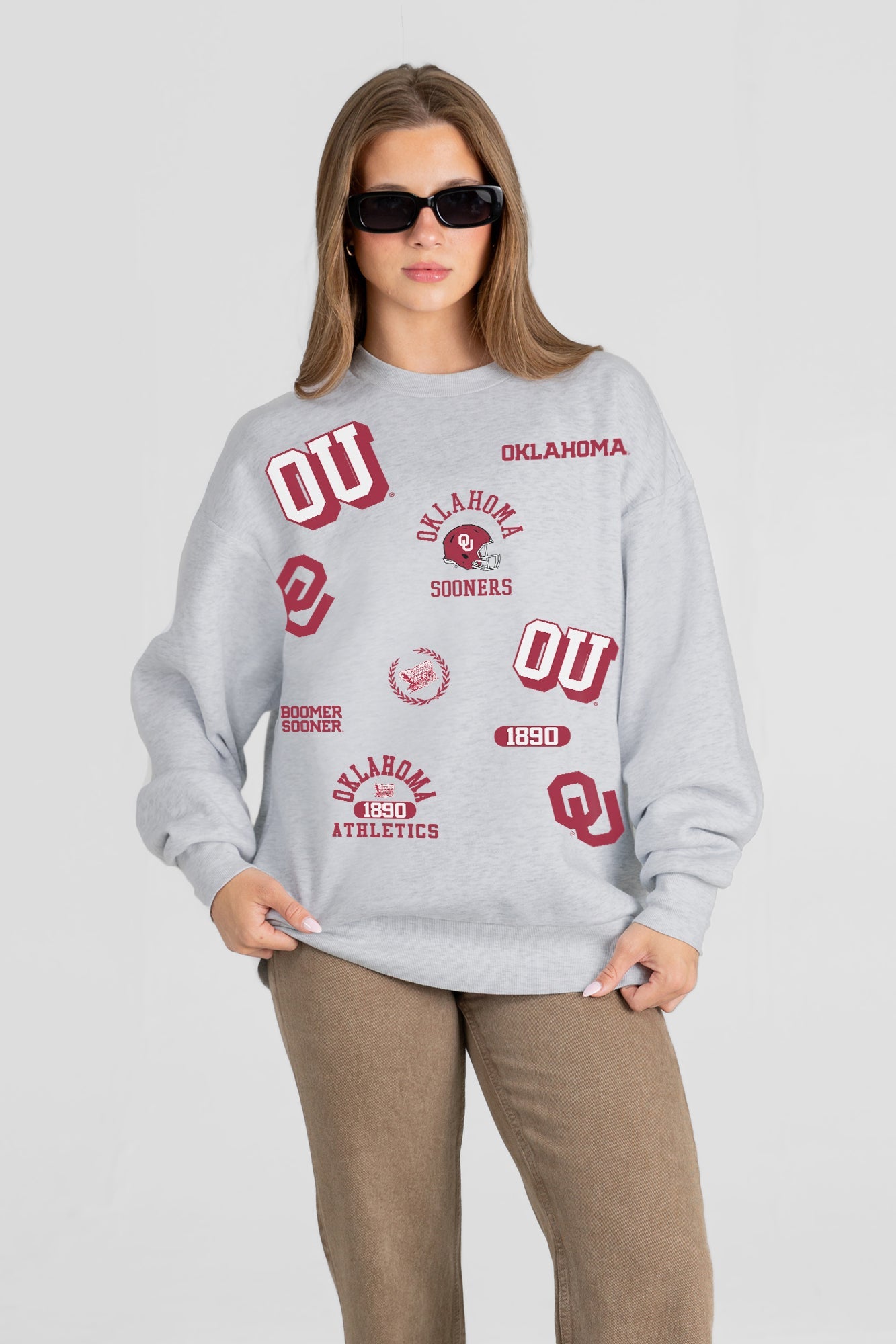 OKLAHOMA SOONERS ALL IN REPEAT PREMIUM FLEECE DROP SHOULDER CREWNECK PULLOVER