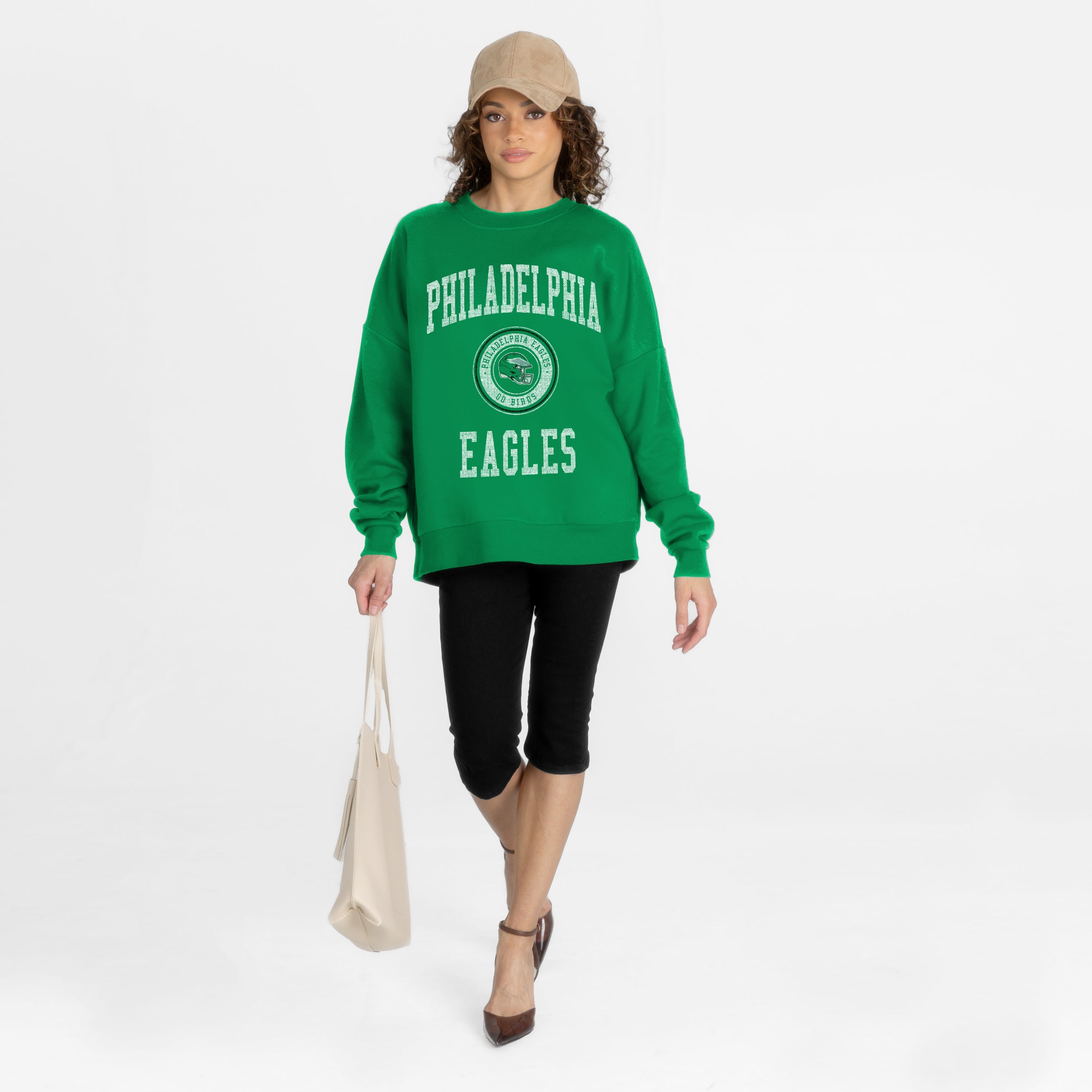 PHILADELPHIA EAGLES PRIME PLAY PREMIUM FLEECE DROP SHOULDER CREWNECK PULLOVER