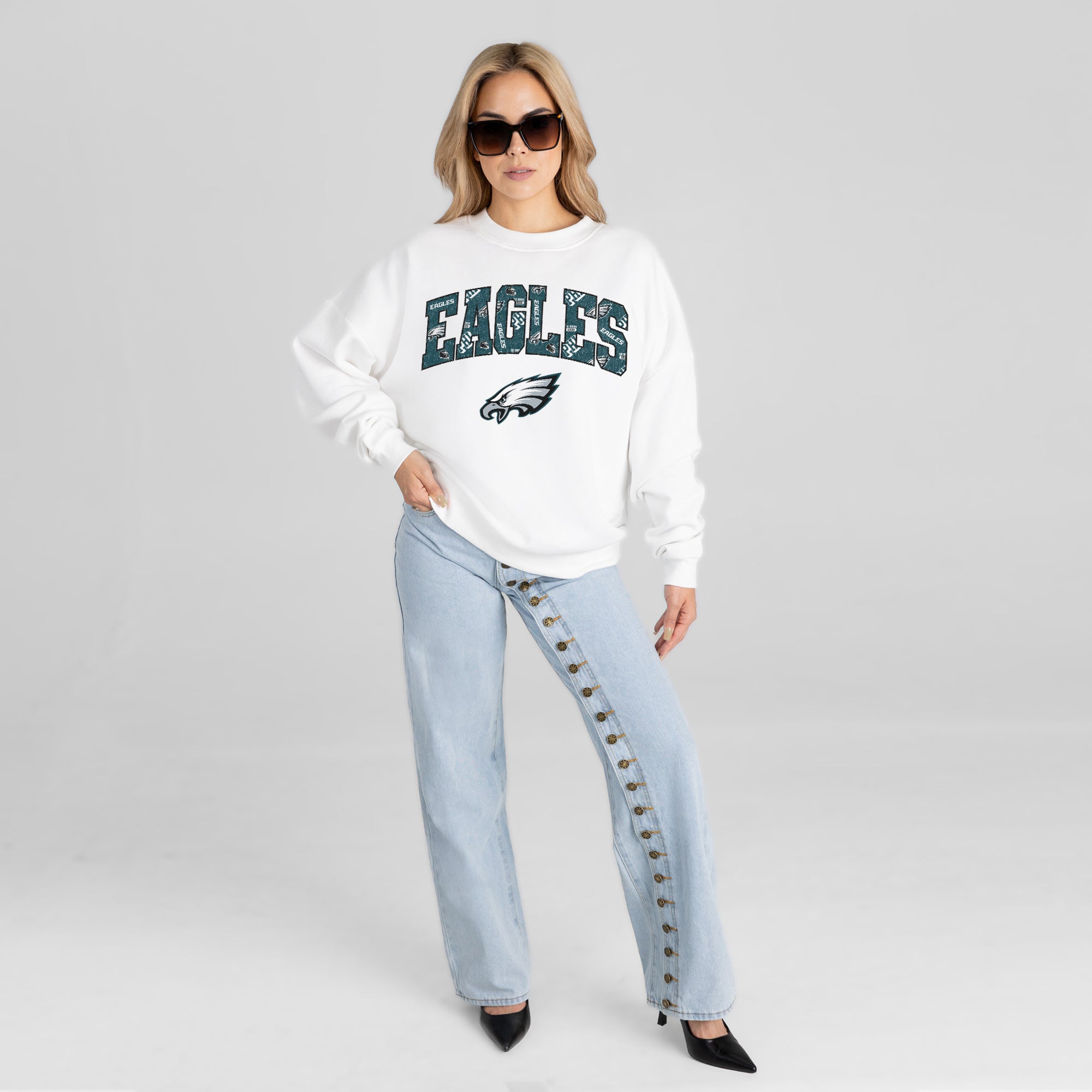 PHILADELPHIA EAGLES SWEET PLAY PREMIUM FLEECE DROP SHOULDER CREWNECK PULLOVER