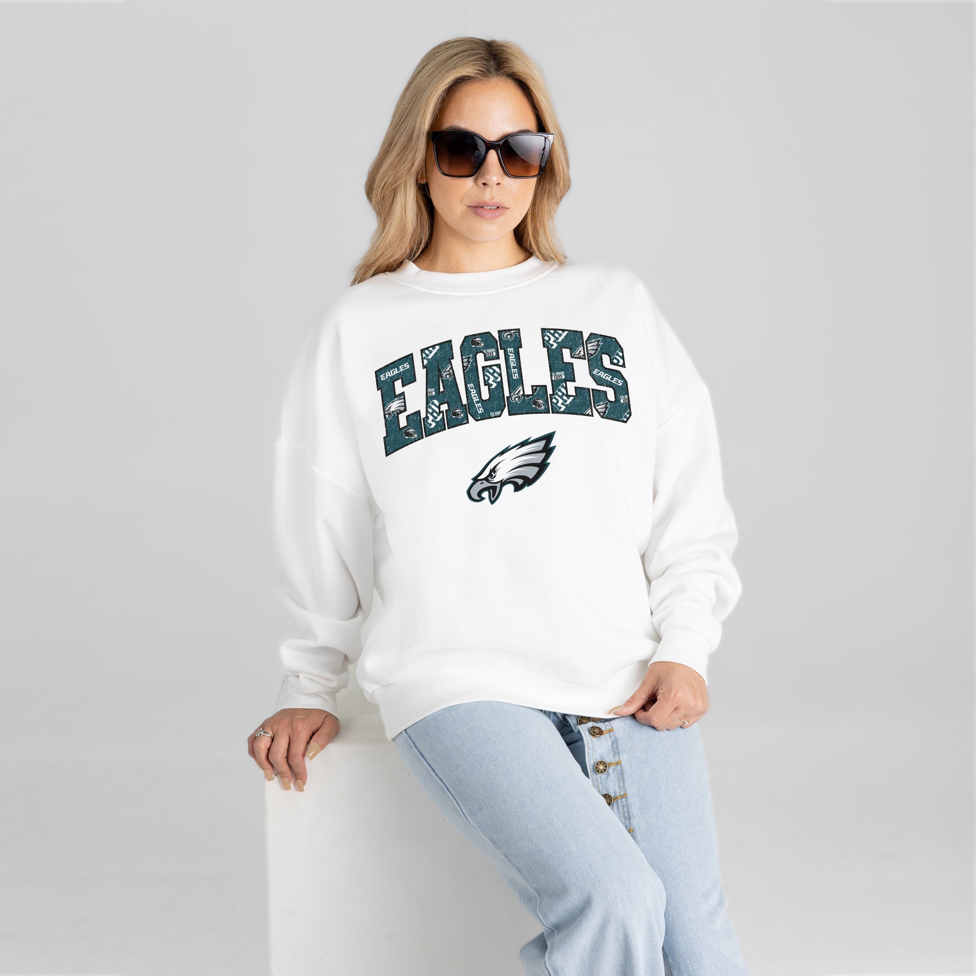PHILADELPHIA EAGLES SWEET PLAY PREMIUM FLEECE DROP SHOULDER CREWNECK PULLOVER