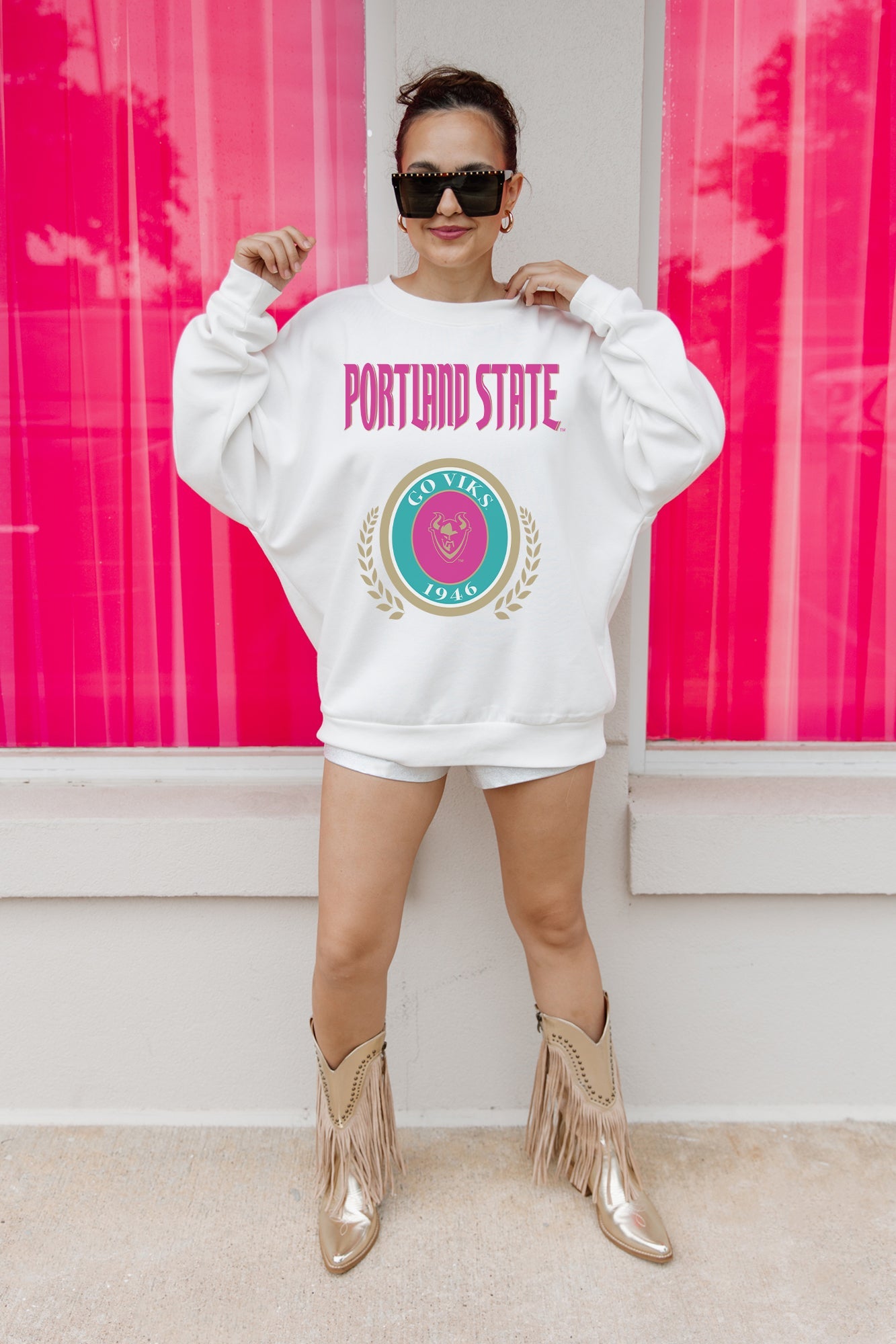 PORTLAND STATE VIKINGS GOAL GETTER PREMIUM FLEECE DROP SHOULDER CREWNECK PULLOVER