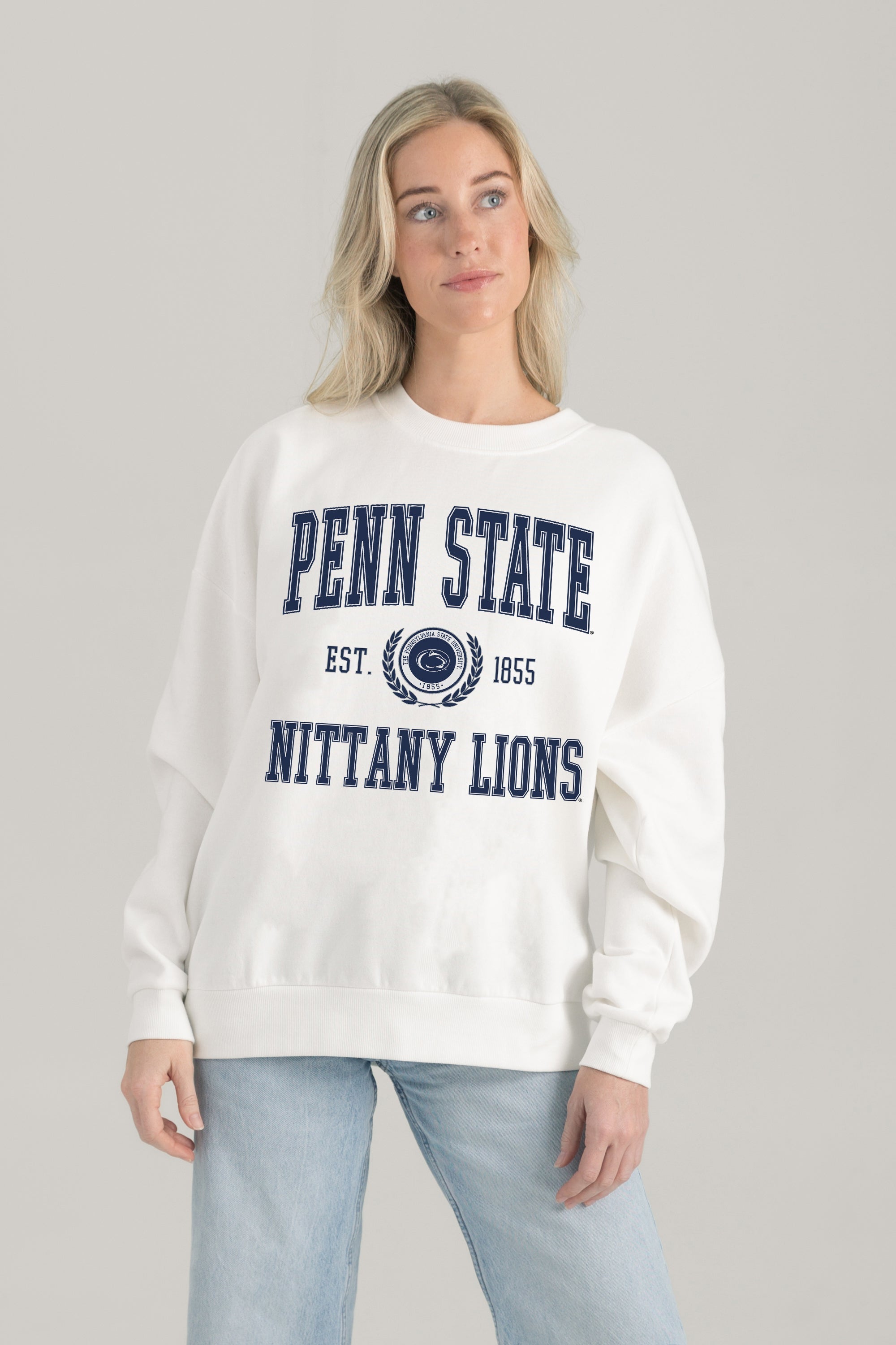 PENN STATE NITTANY LIONS TIMELESS TRIUMPH PREMIUM FLEECE DROP SHOULDER CREWNECK PULLOVER