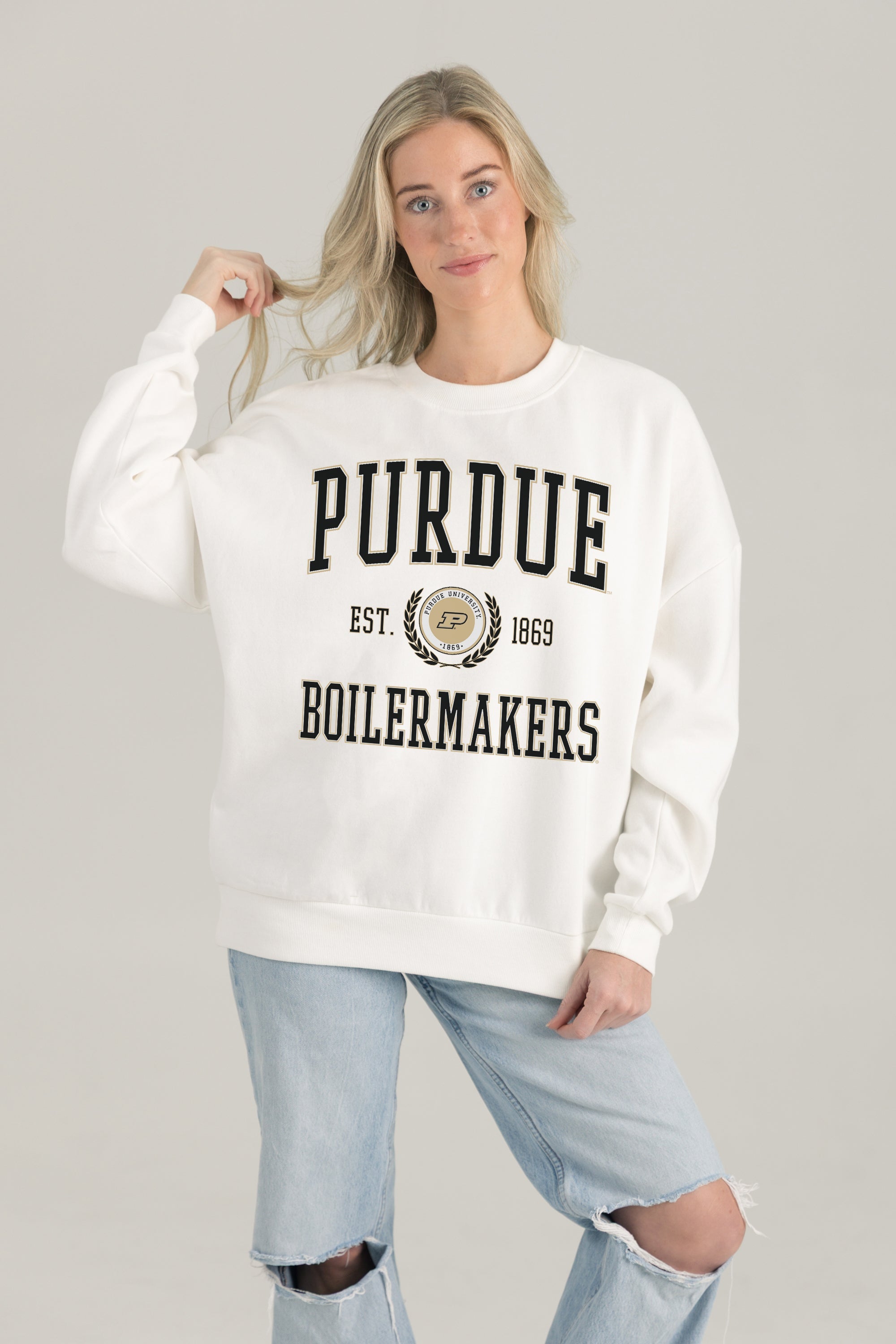 PURDUE BOILERMAKERS TIMELESS TRIUMPH PREMIUM FLEECE DROP SHOULDER CREWNECK PULLOVER