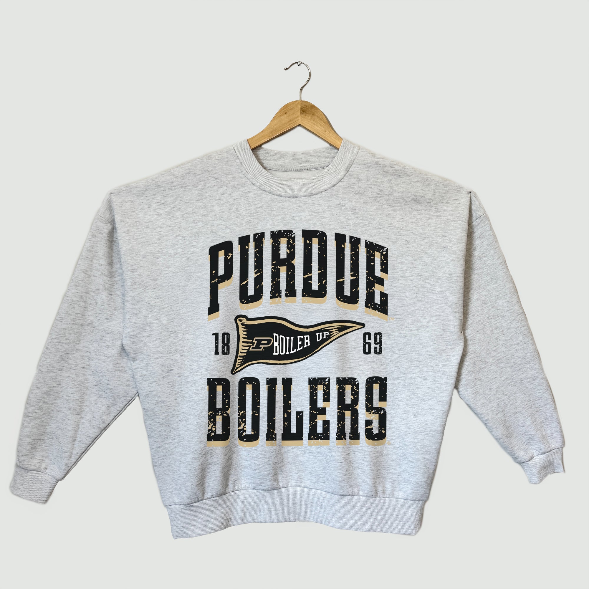 PURDUE BOILERMAKERS PENNANT PRIDE PREMIUM FLEECE DROP SHOULDER CREWNECK PULLOVER