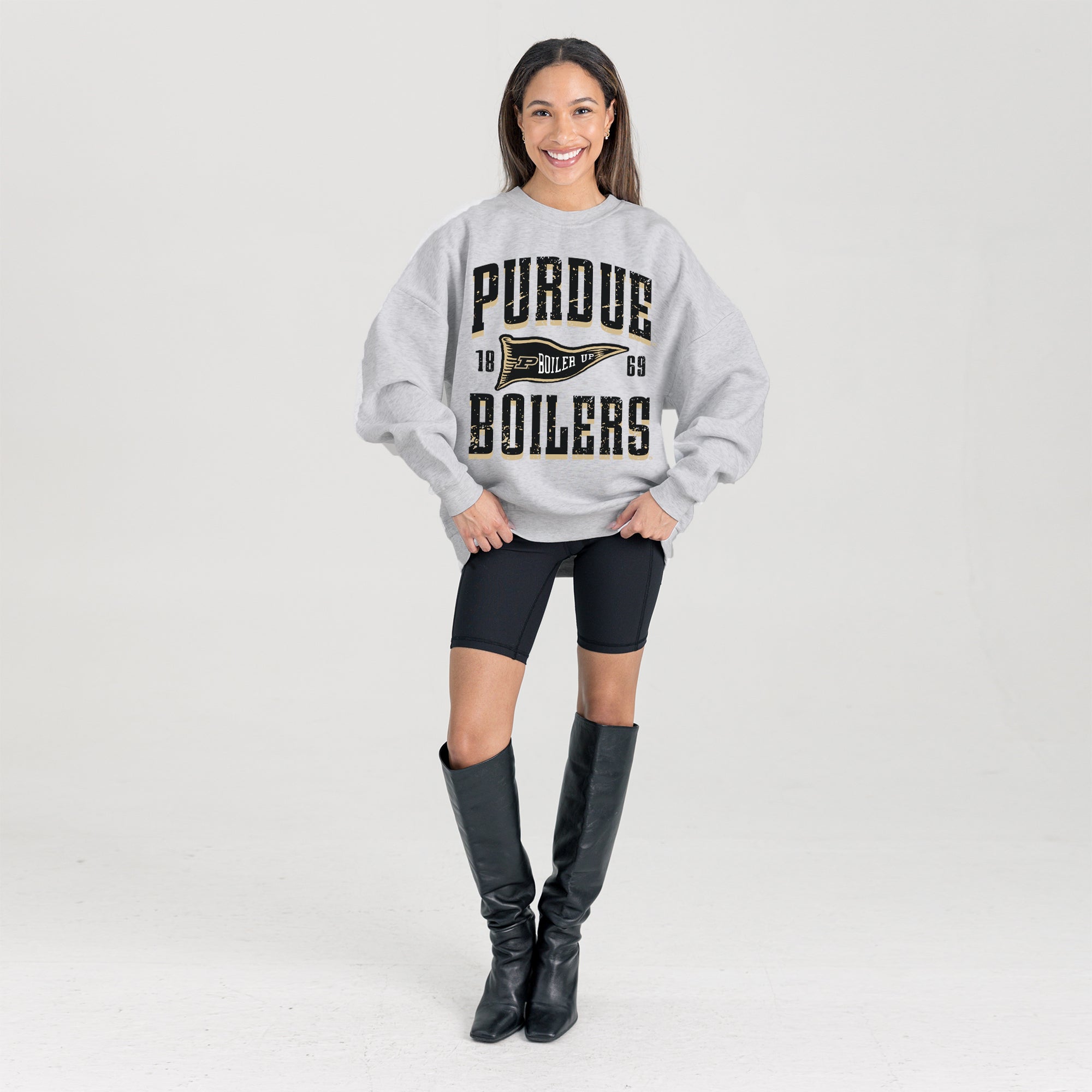 PURDUE BOILERMAKERS PENNANT PRIDE PREMIUM FLEECE DROP SHOULDER CREWNECK PULLOVER