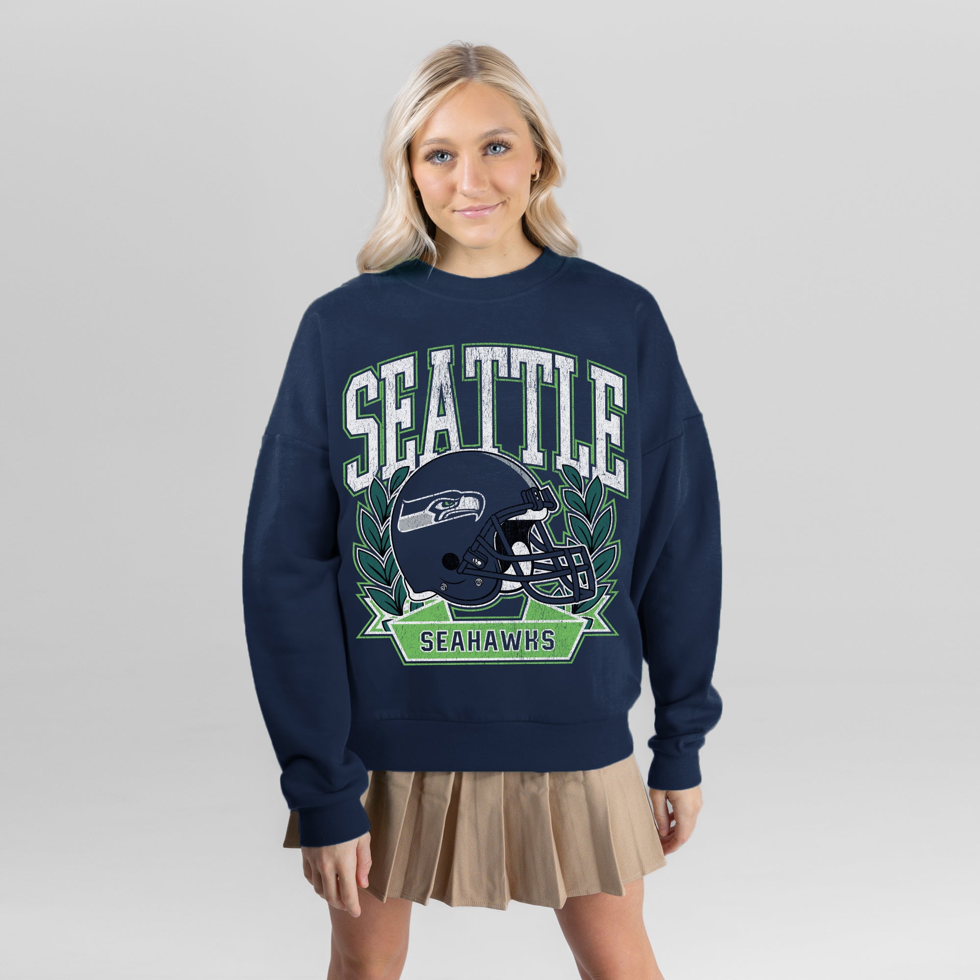 SEATTLE SEAHAWKS CLASSIC ARCHIVES PREMIUM FLEECE DROP SHOULDER CREWNECK PULLOVER