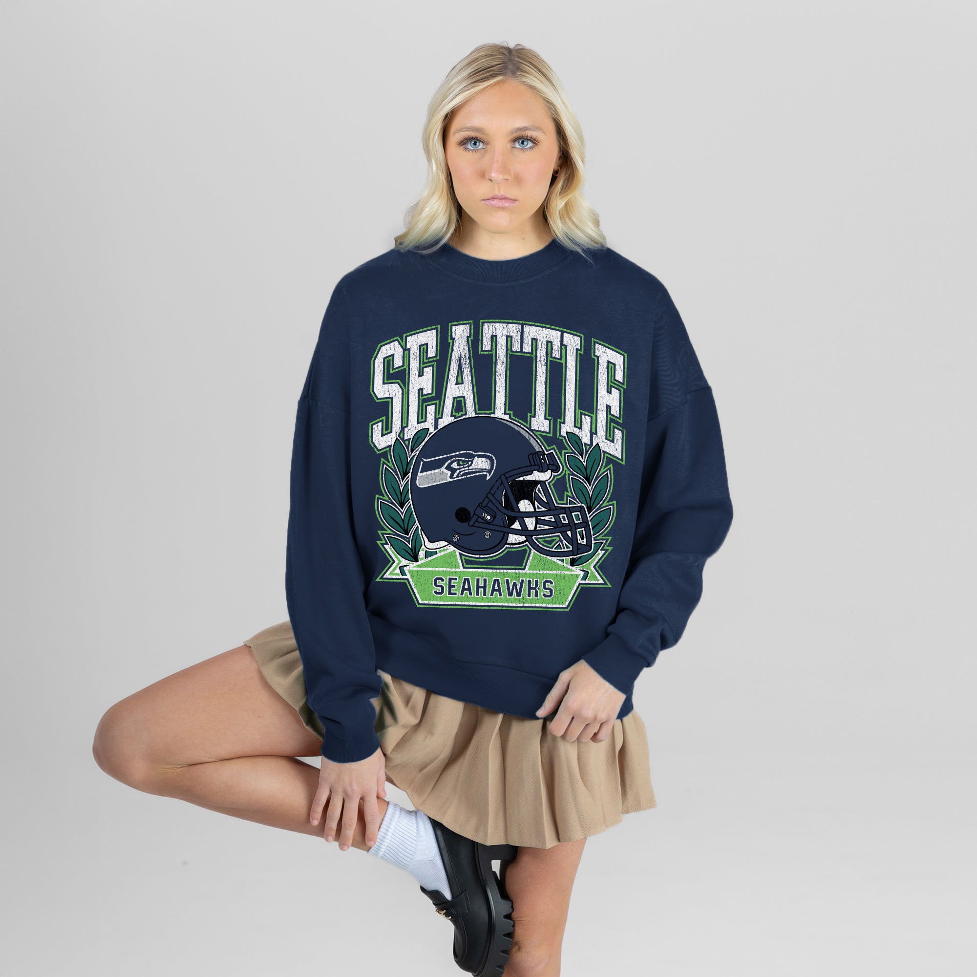 SEATTLE SEAHAWKS CLASSIC ARCHIVES PREMIUM FLEECE DROP SHOULDER CREWNECK PULLOVER