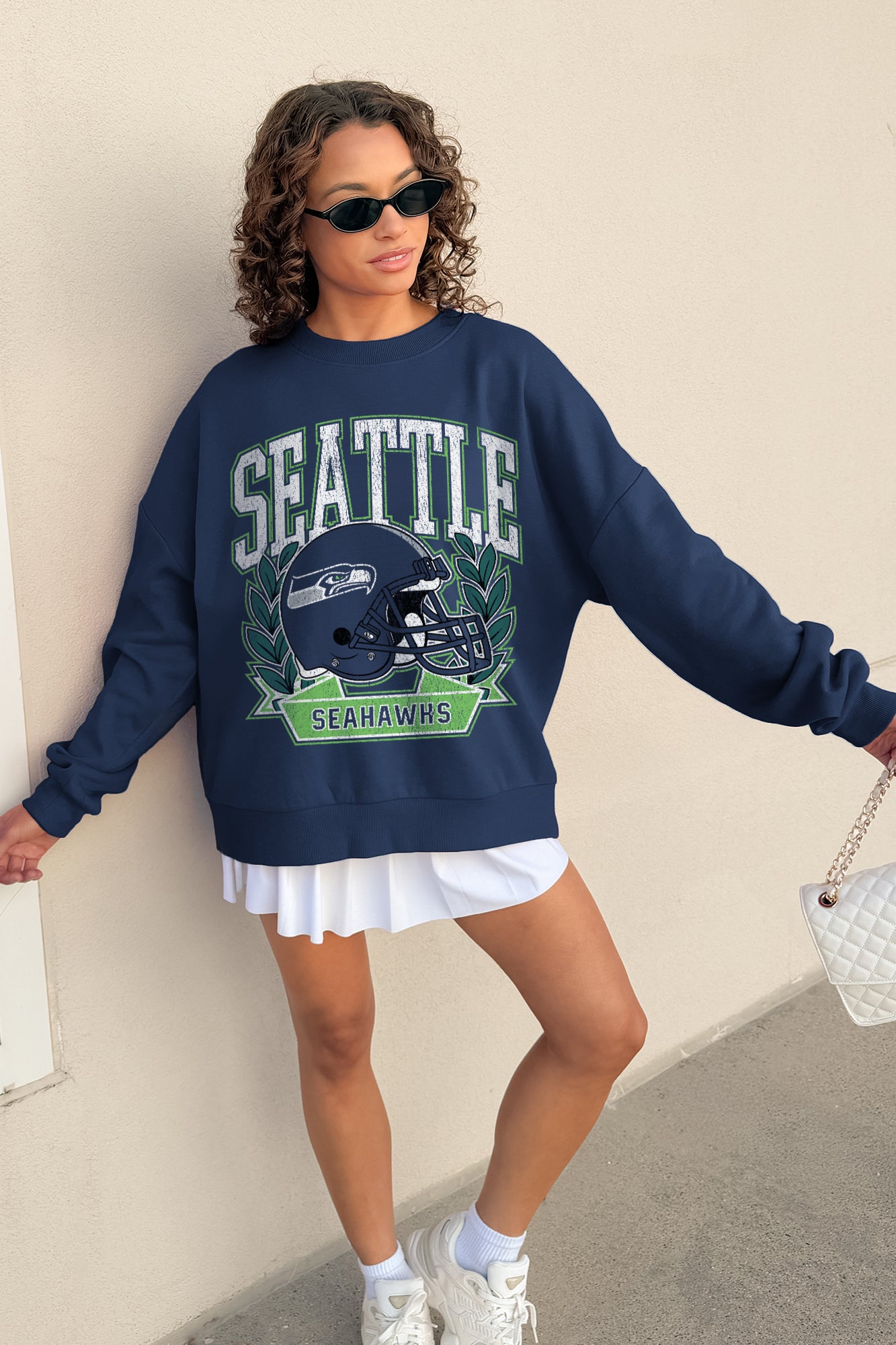 SEATTLE SEAHAWKS CLASSIC ARCHIVES PREMIUM FLEECE DROP SHOULDER CREWNECK PULLOVER