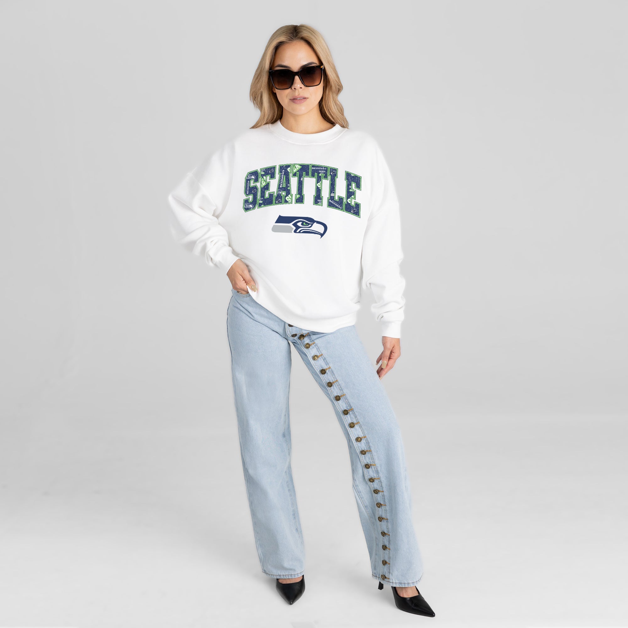 SEATTLE SEAHAWKS SWEET PLAY PREMIUM FLEECE DROP SHOULDER CREWNECK PULLOVER