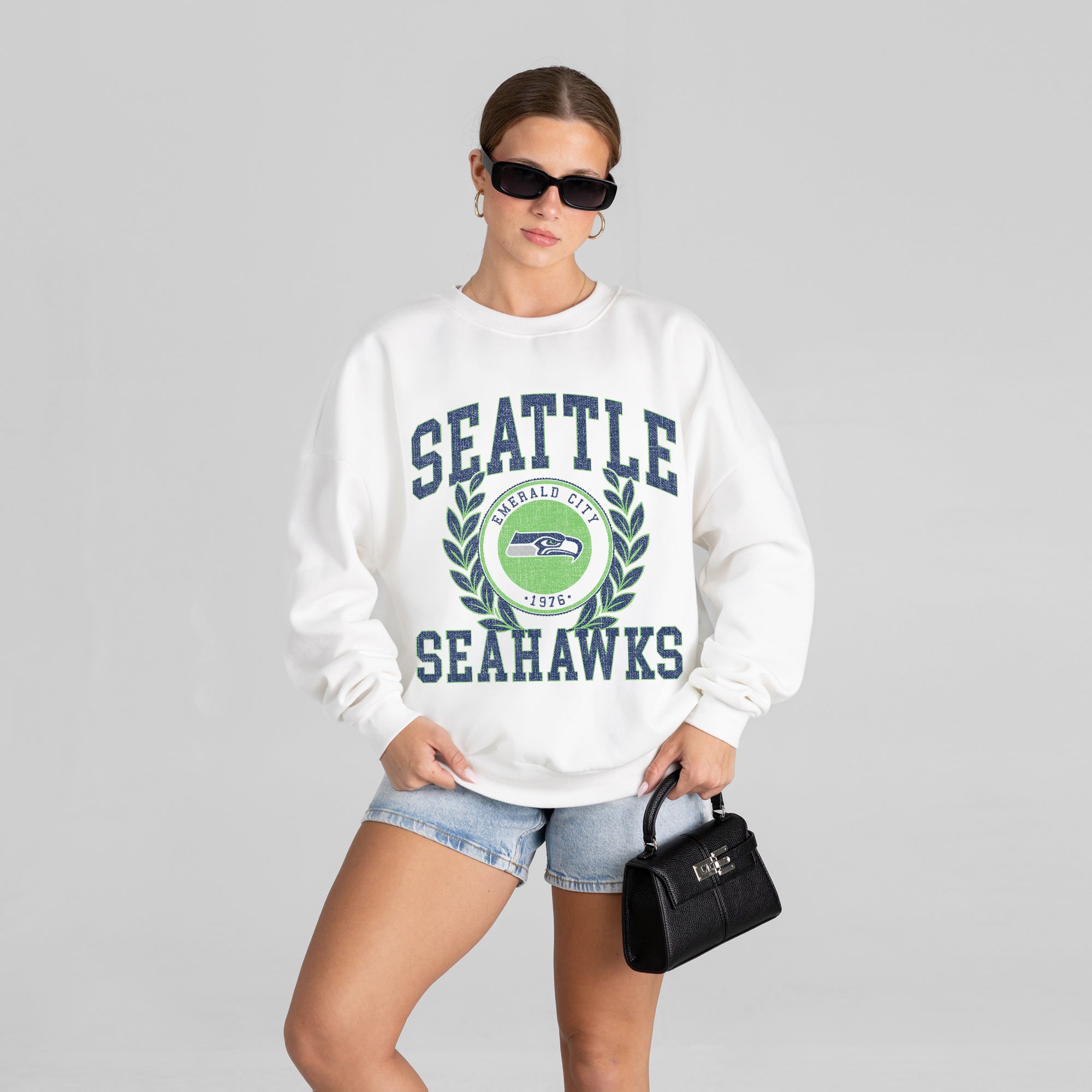 SEATTLE SEAHAWKS GOLD STANDARD PREMIUM FLEECE DROP SHOULDER CREWNECK PULLOVER