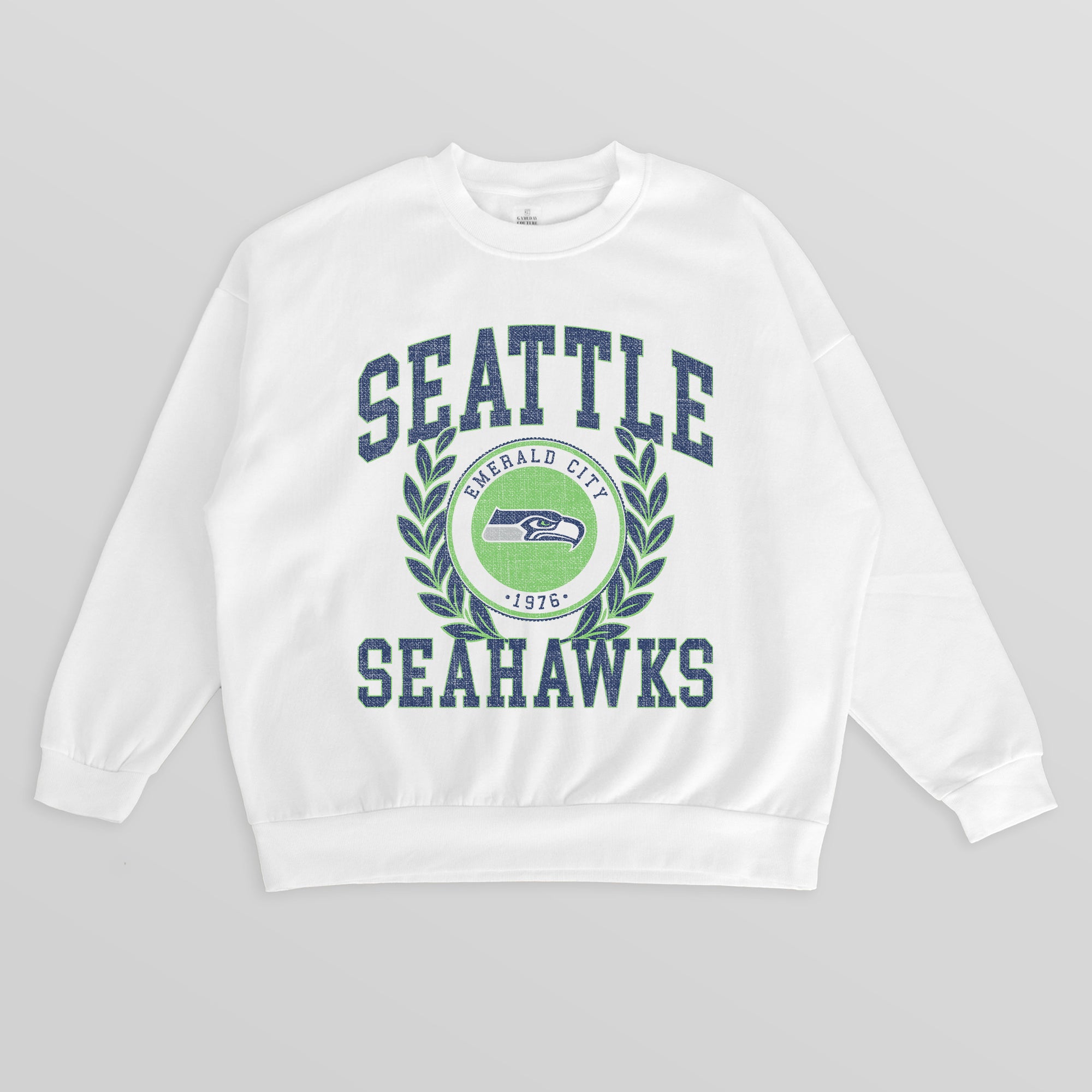 SEATTLE SEAHAWKS GOLD STANDARD PREMIUM FLEECE DROP SHOULDER CREWNECK PULLOVER