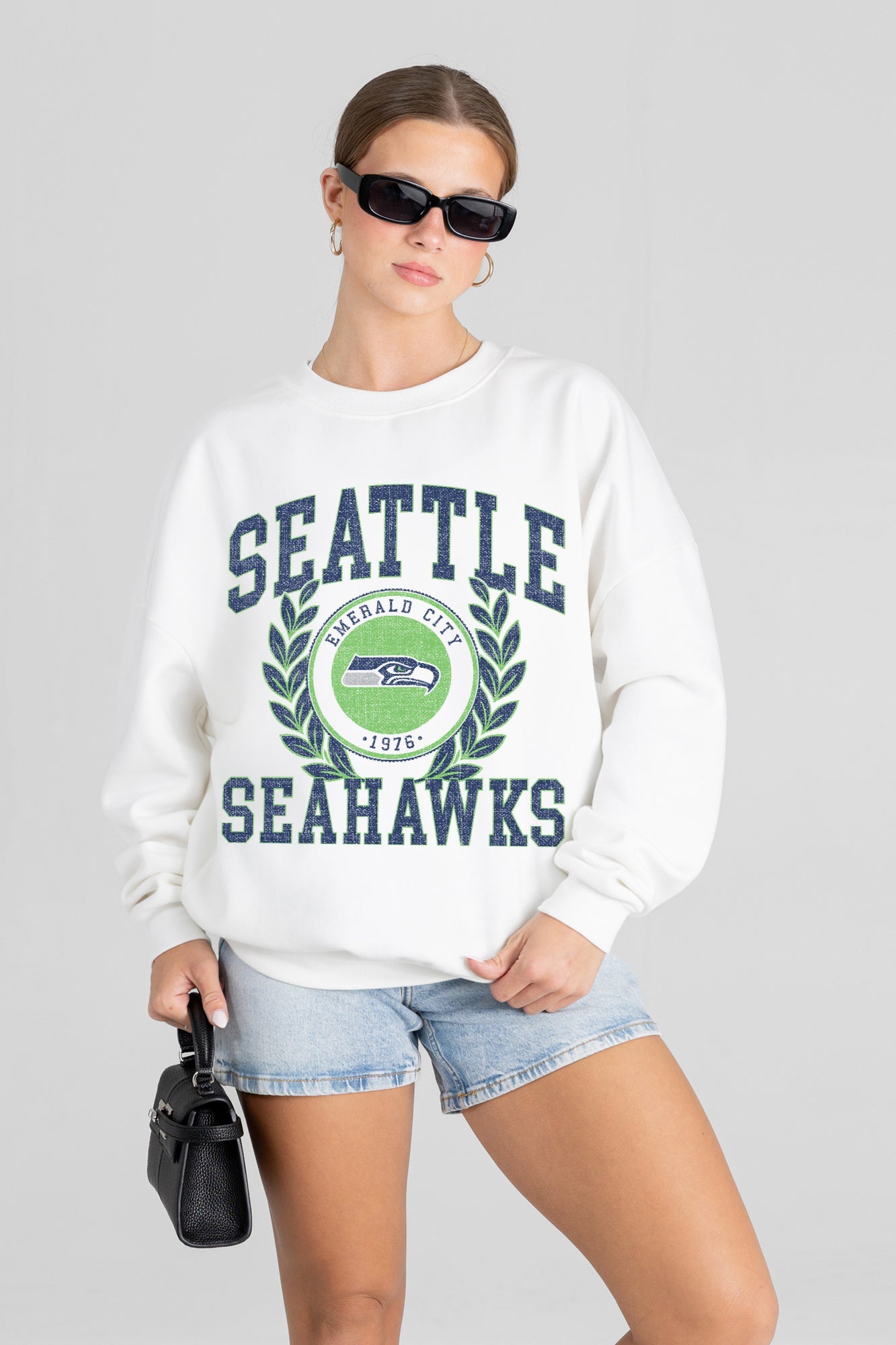 SEATTLE SEAHAWKS GOLD STANDARD PREMIUM FLEECE DROP SHOULDER CREWNECK PULLOVER