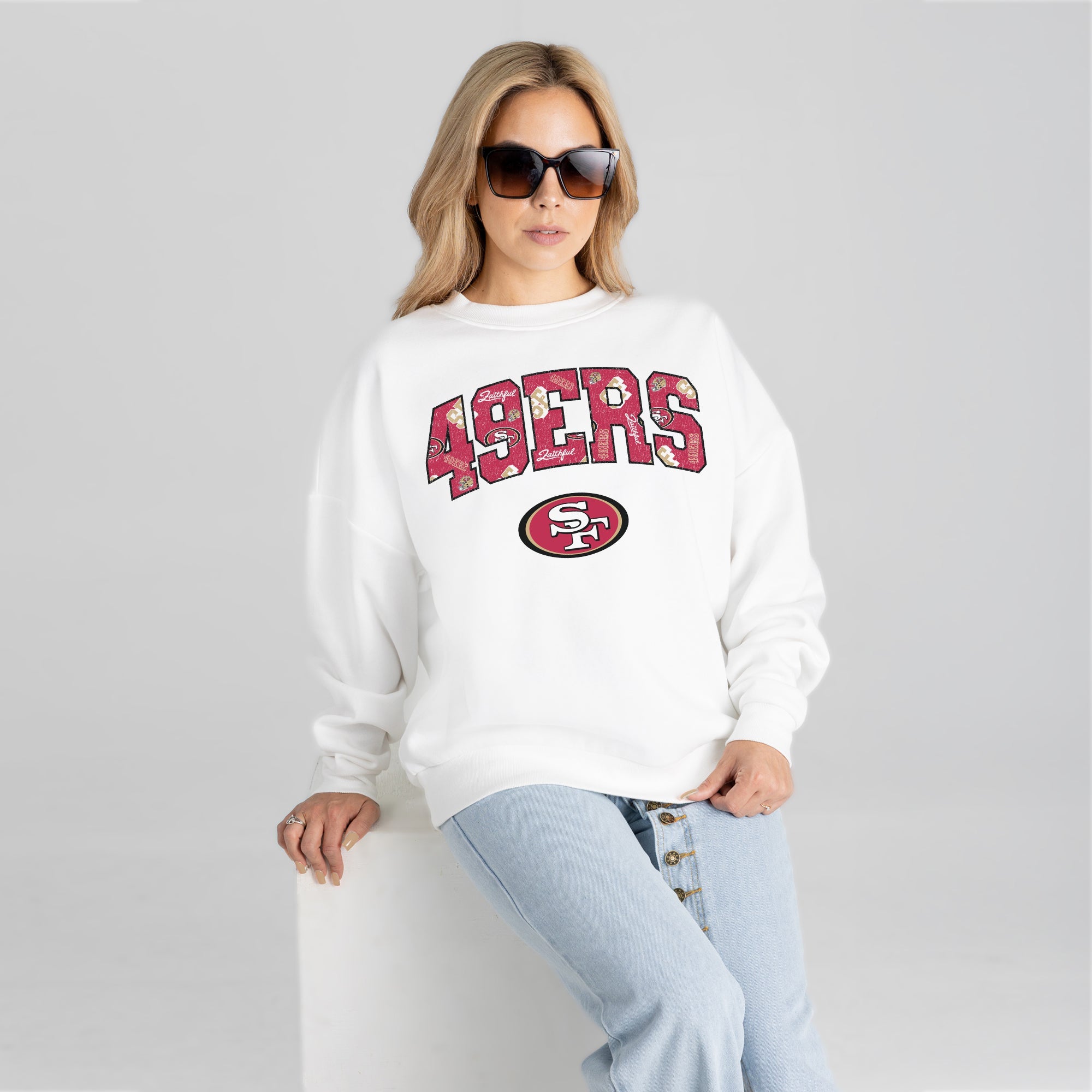 SAN FRANCISCO 49ERS SWEET PLAY PREMIUM FLEECE DROP SHOULDER CREWNECK PULLOVER