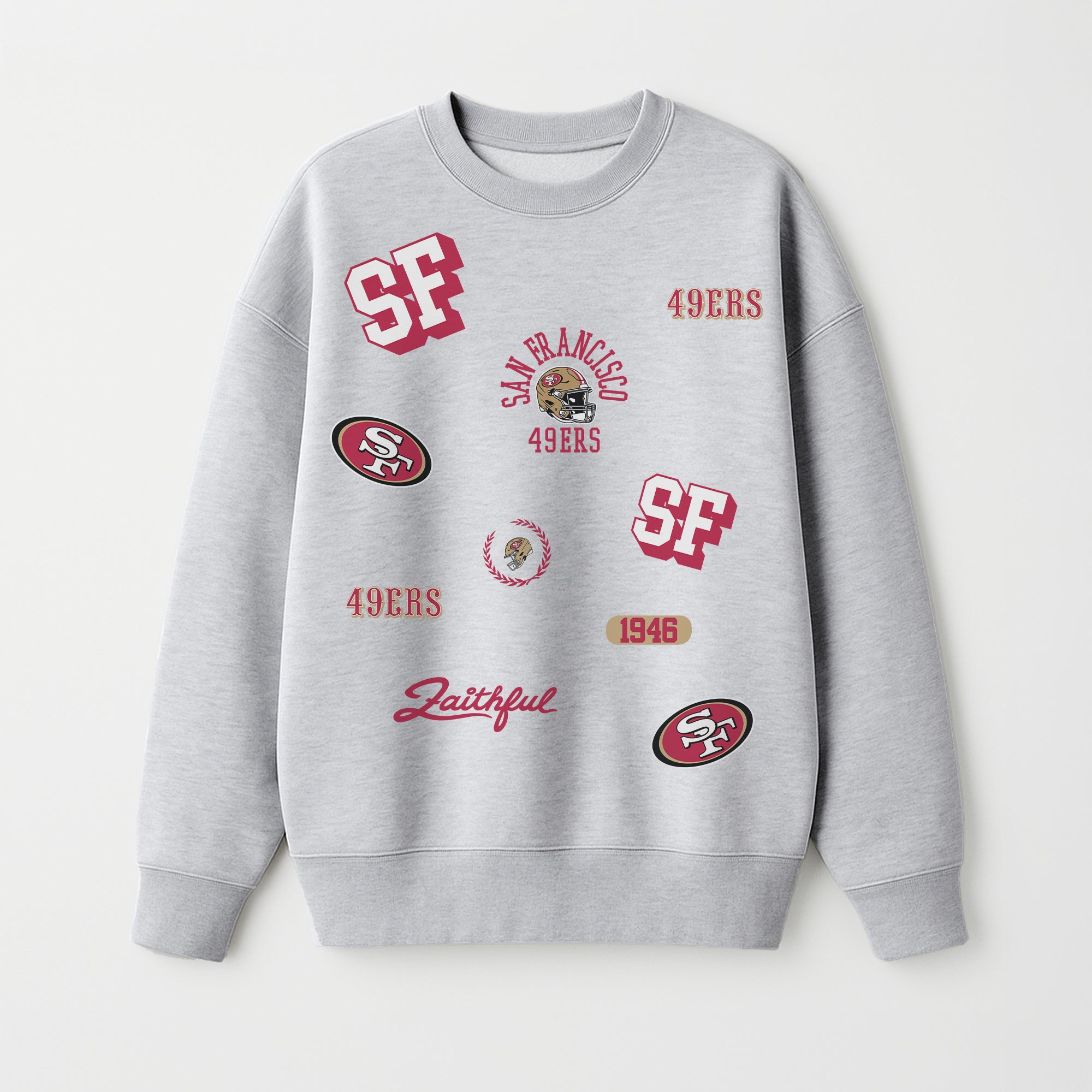 SAN FRANCISCO 49ERS ALL IN REPEAT PREMIUM FLEECE DROP SHOULDER CREWNECK PULLOVER