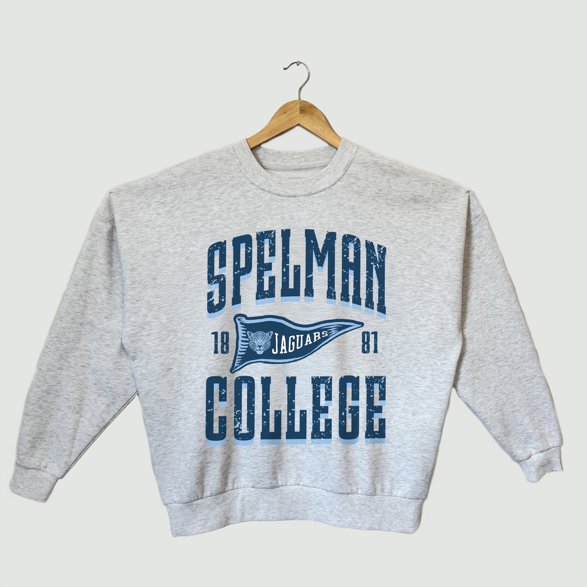 SPELMAN COLLEGE JAGUARS PENNANT PRIDE PREMIUM FLEECE DROP SHOULDER CREWNECK PULLOVER