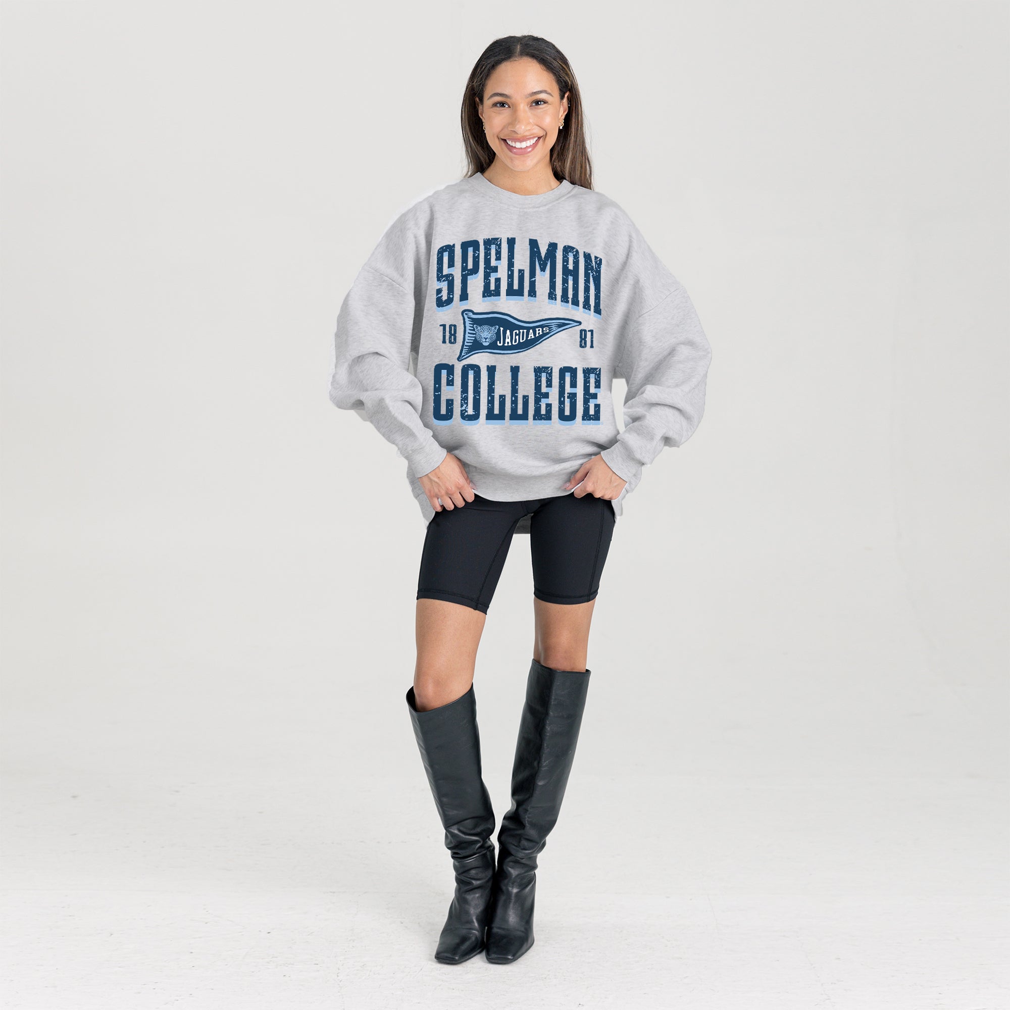 SPELMAN COLLEGE JAGUARS PENNANT PRIDE PREMIUM FLEECE DROP SHOULDER CREWNECK PULLOVER