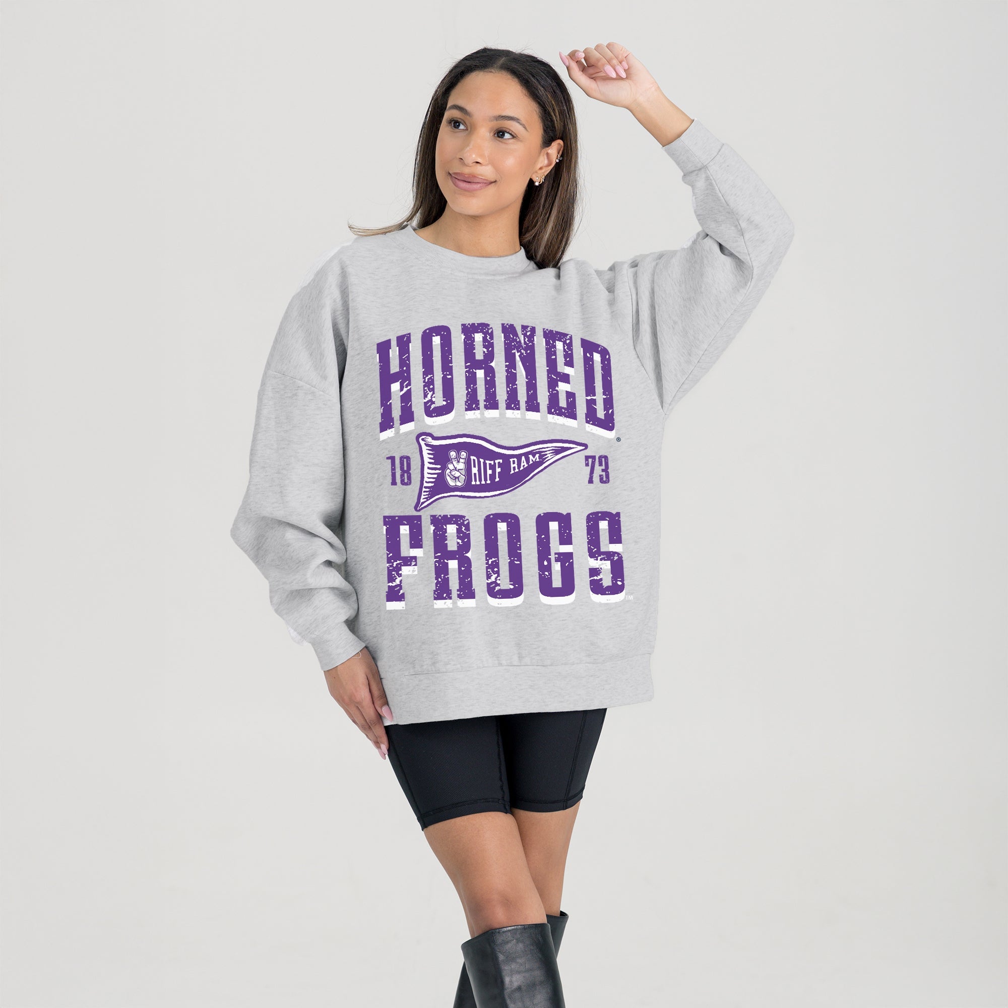 TCU HORNED FROGS PENNANT PRIDE PREMIUM FLEECE DROP SHOULDER CREWNECK PULLOVER