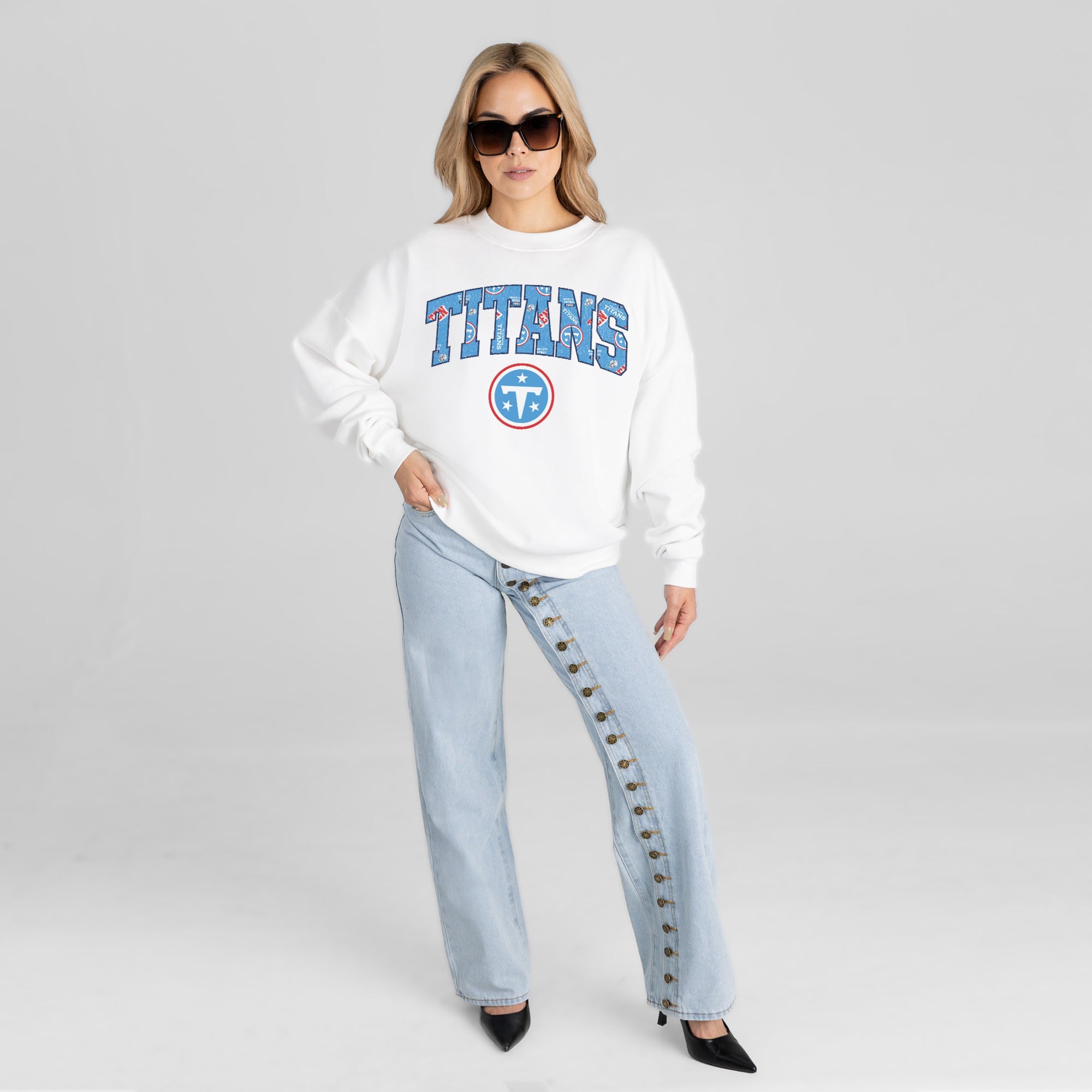TENNESSEE TITANS SWEET PLAY PREMIUM FLEECE DROP SHOULDER CREWNECK PULLOVER