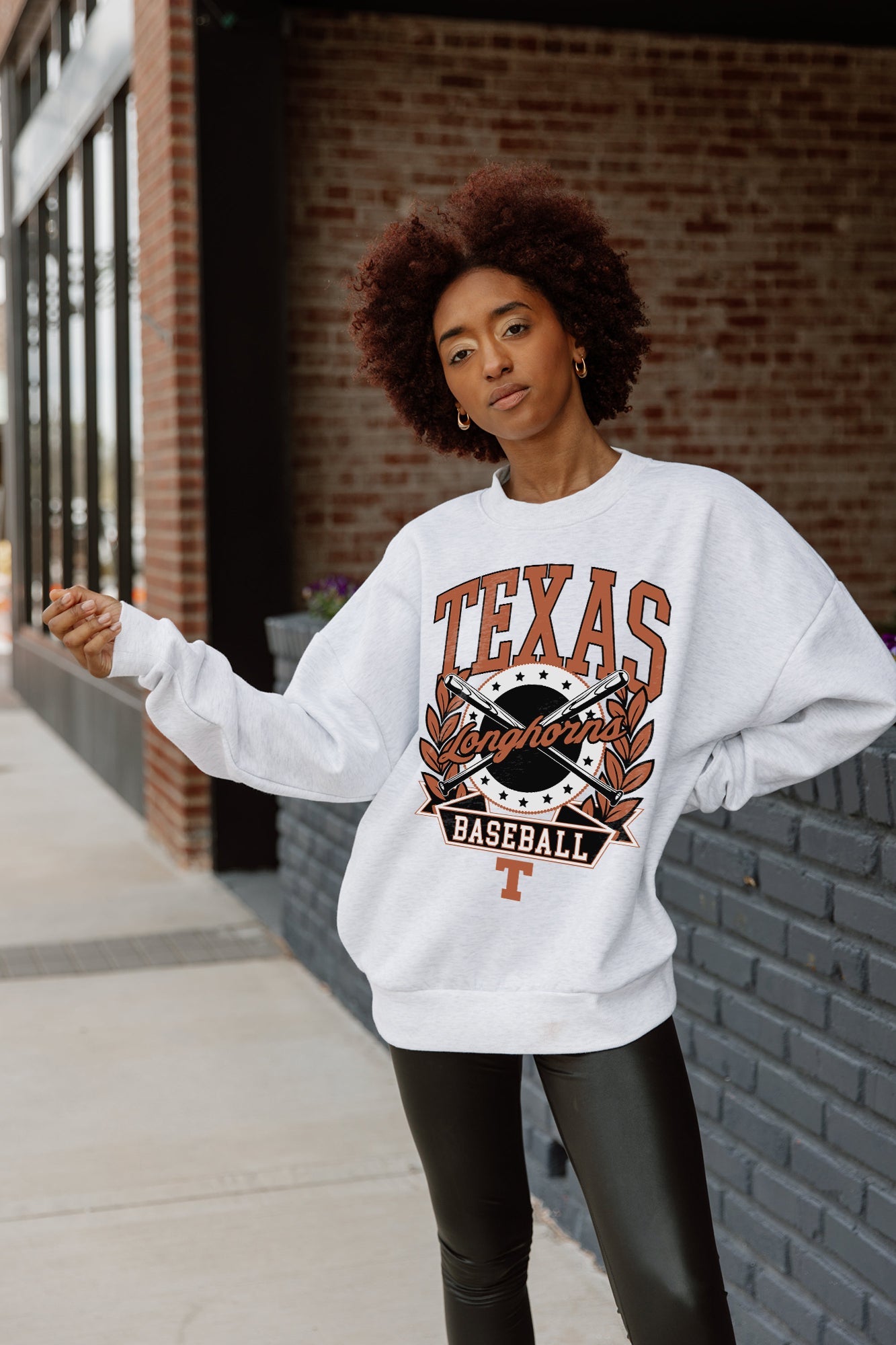Ash Texas Longhorns Bases Loaded Fleece Drop-Shoulder Crew - Back View On Model | Gameday Couture - SOHO