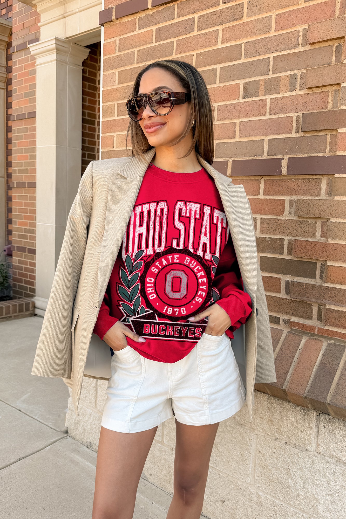 OHIO STATE BUCKEYES CLASSIC ARCHIVES PREMIUM DROP SHOULDER FLEECE CREWNECK PULLOVER