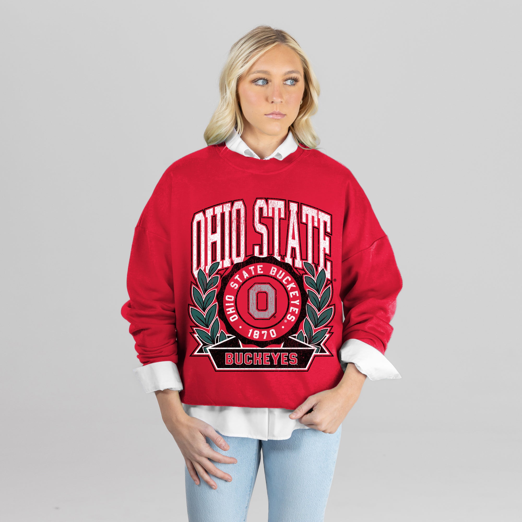 OHIO STATE BUCKEYES CLASSIC ARCHIVES PREMIUM DROP SHOULDER FLEECE CREWNECK PULLOVER