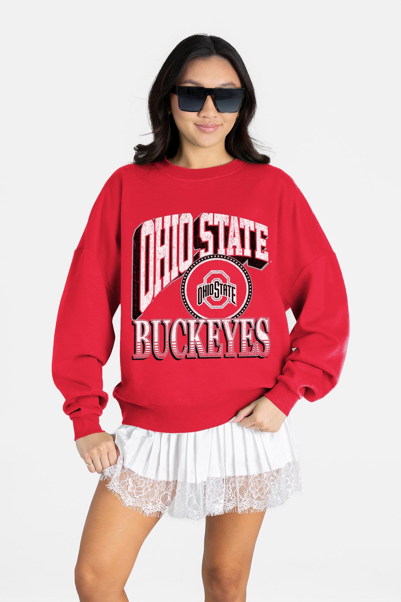 OHIO STATE BUCKEYES MAIN CHARACTER PREMIUM FLEECE DROP SHOULDER CREWNECK PULLOVER